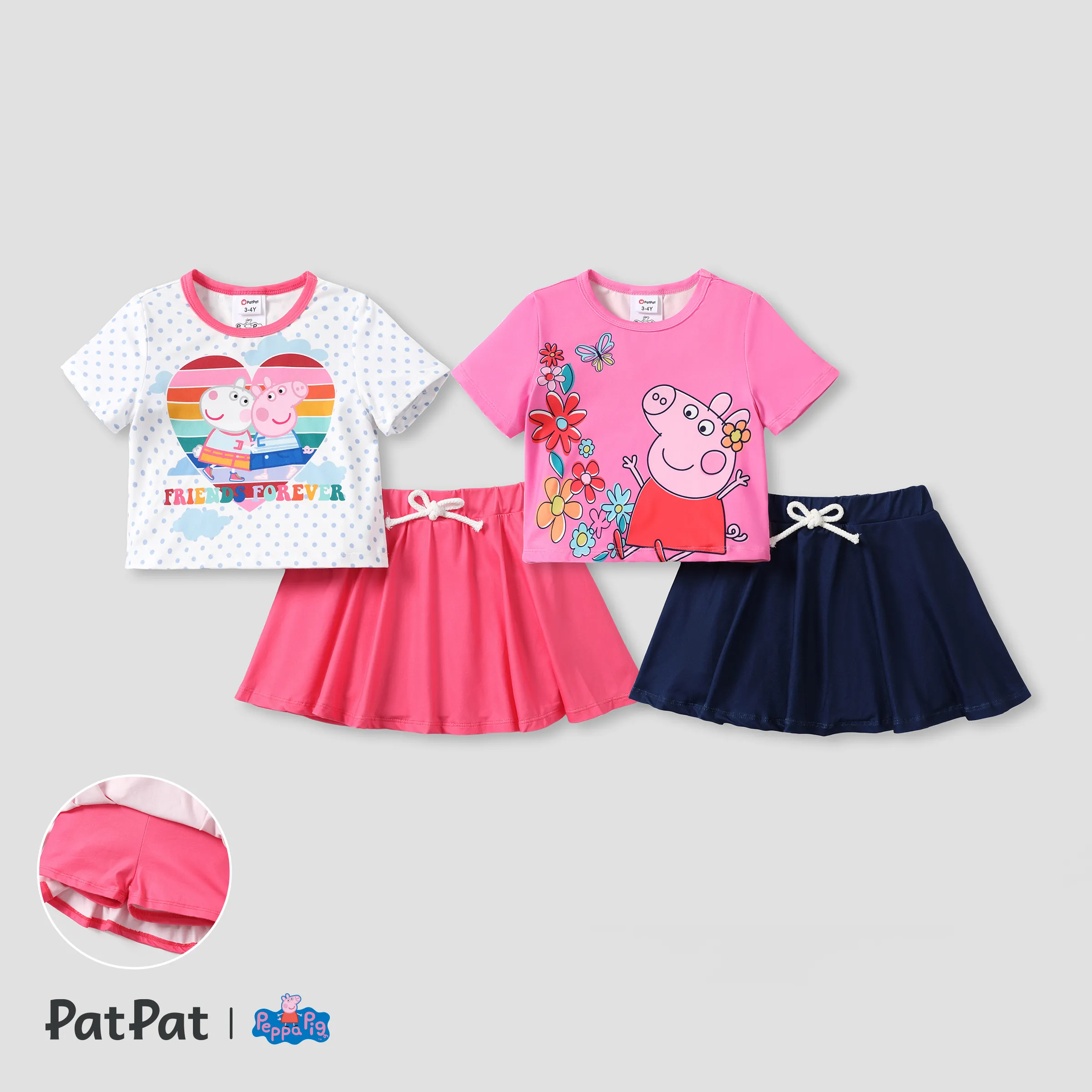 

Peppa Pig 2pcs Toddler Girls Character Print Rainbow/Floral/Heart T-shirt and Skirt With Shorts Baby Underwear