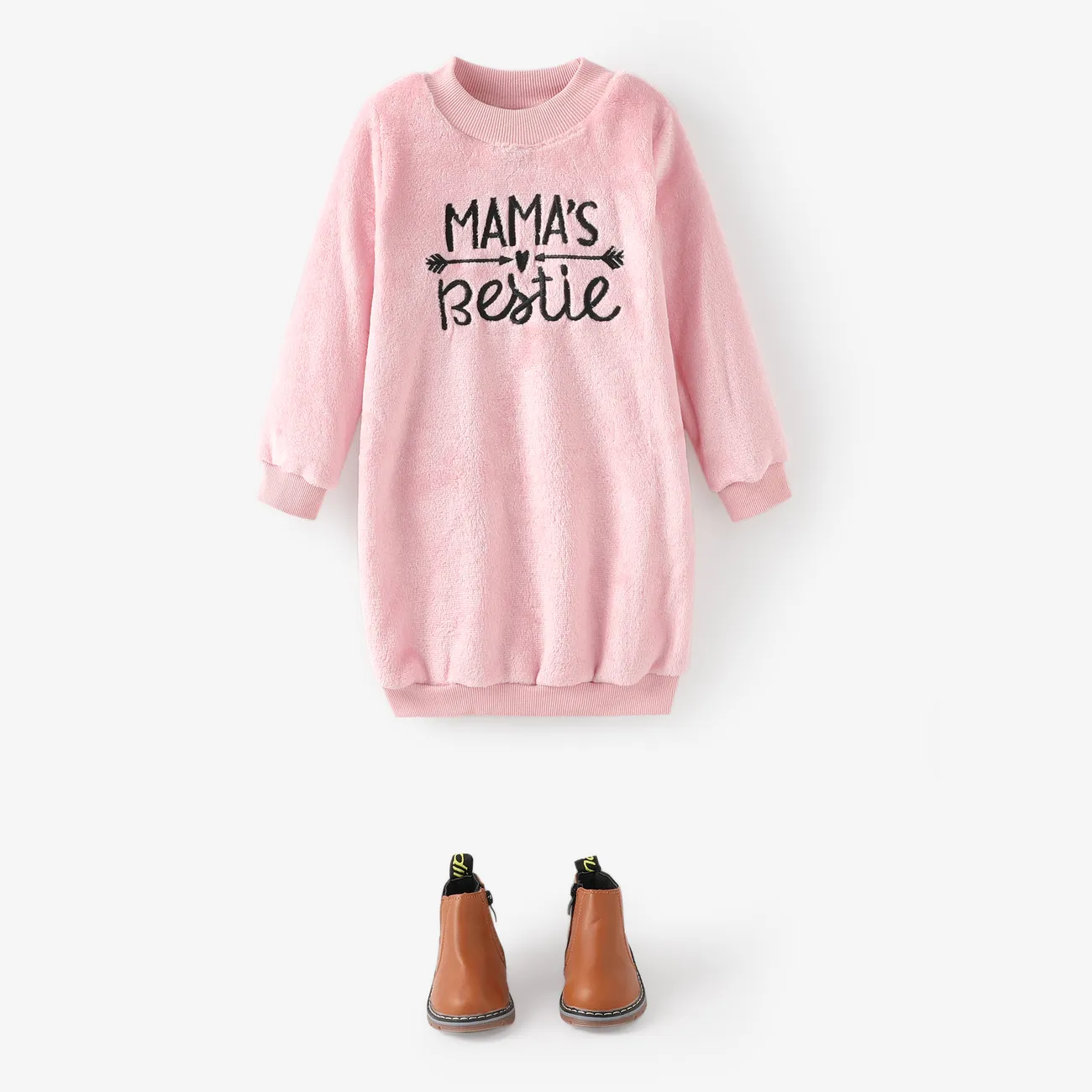 Toddler Girl Letter Embroidered Fleece Mock Neck Long-sleeve Pink Sweatshirt Dress Pink big image 1