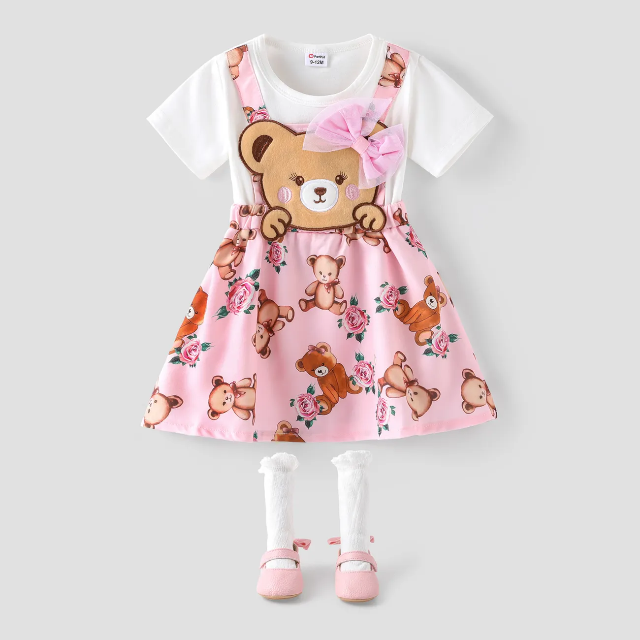 Bebé Peça dois em um Urso Bonito Manga curta Vestidos Rosa big image 1