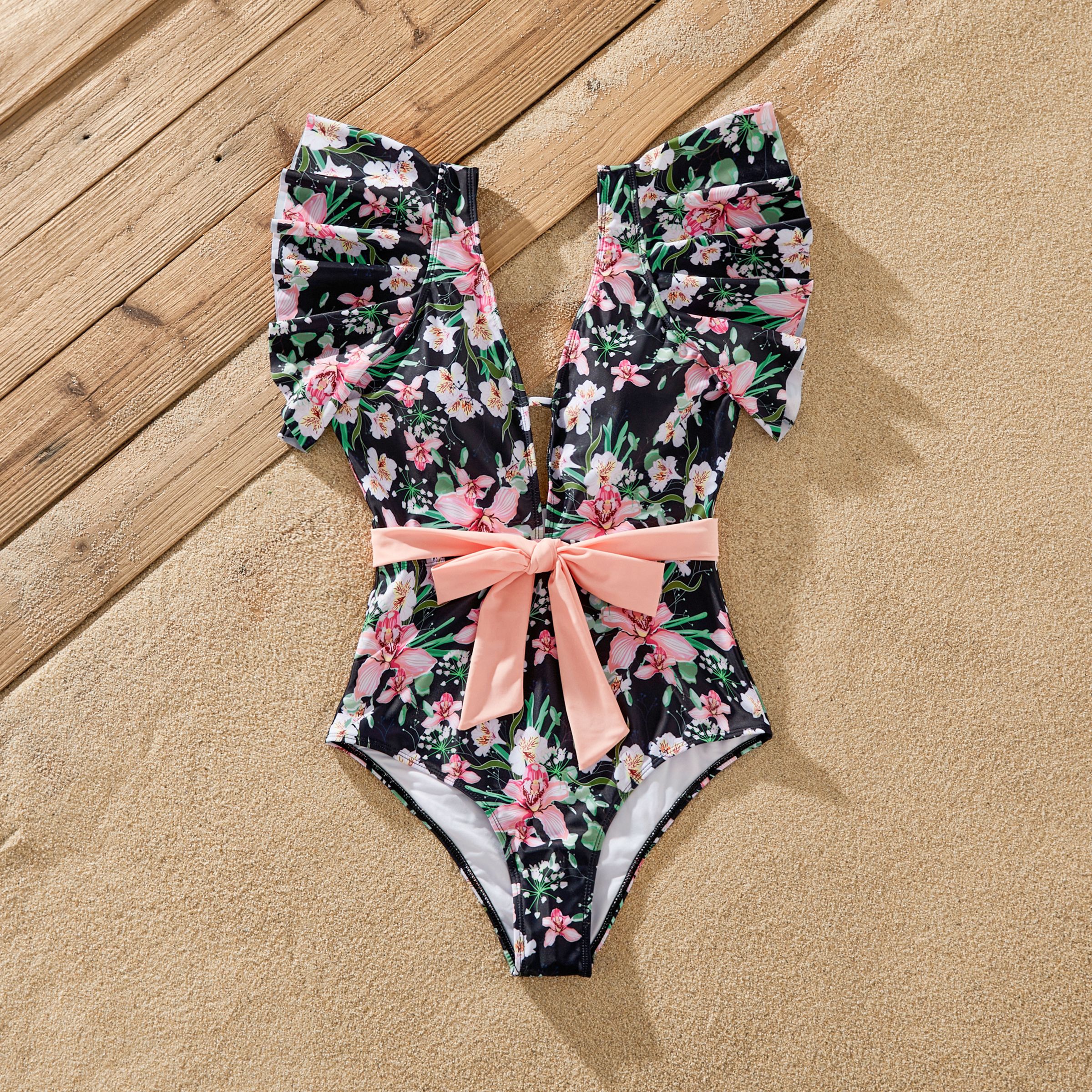 

Family Matching Allover Floral Print Swim Trunks Shorts and Ruffle-sleeve Belted One-Piece Swimsuit
