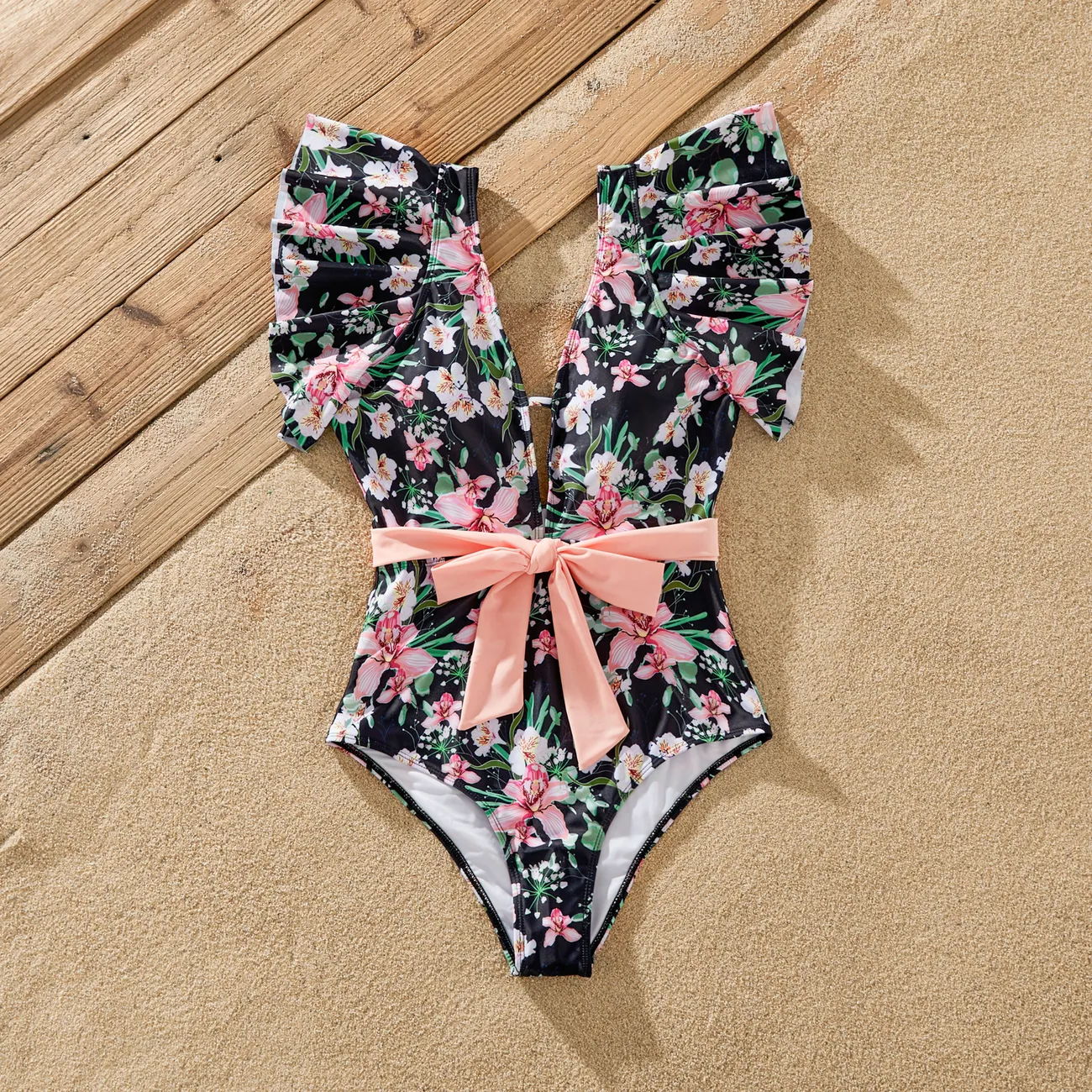 Family Matching Allover Floral Print Swim Trunks Shorts and Ruffle-sleeve Belted One-Piece Swimsuit Light Pink big image 1