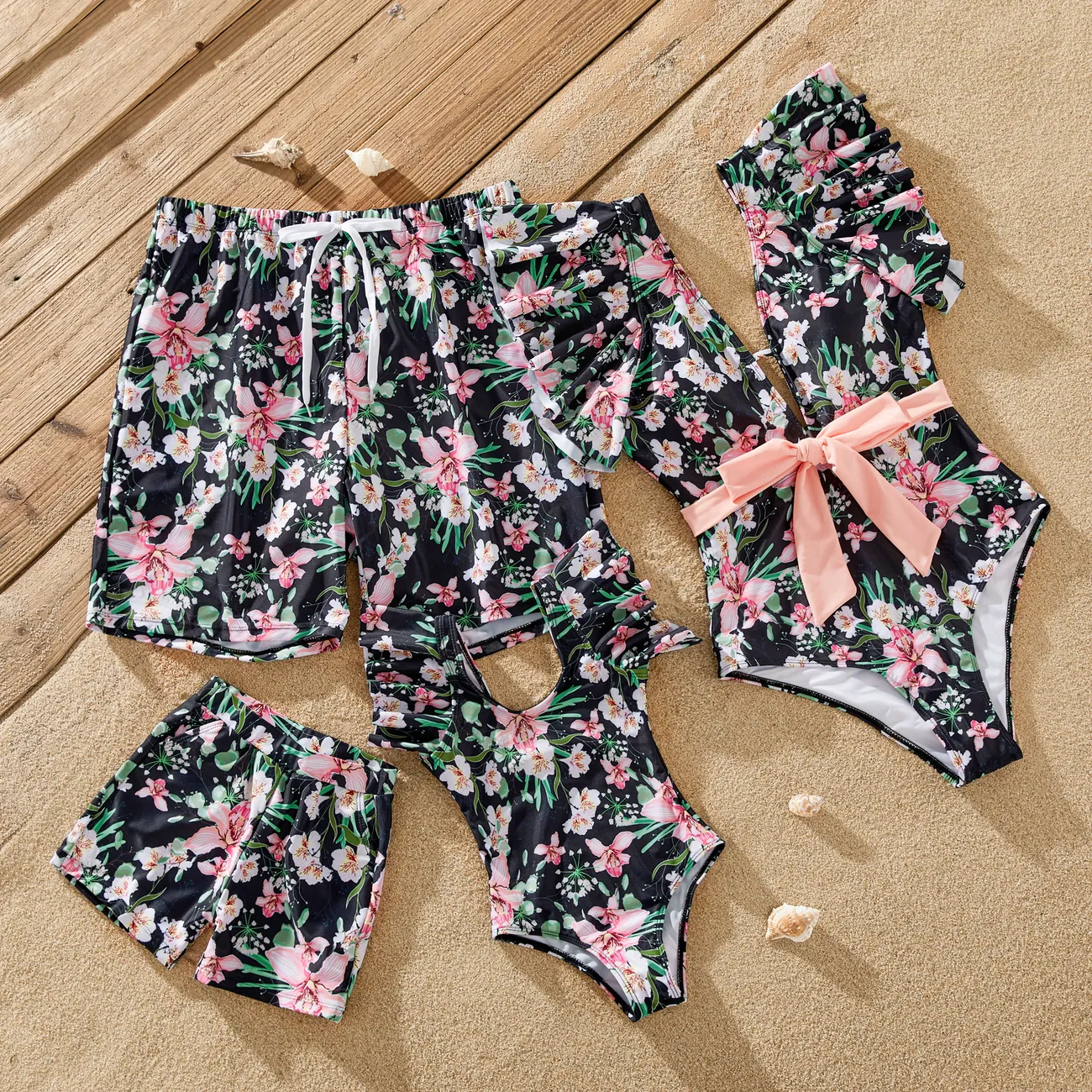 Family Matching Allover Floral Print Swim Trunks Shorts and Ruffle-sleeve Belted One-Piece Swimsuit Light Pink big image 1