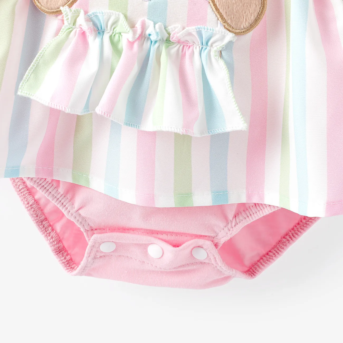 Baby Girl 2pcs 3D Bear Striped Print Romper and Headband Set Pink big image 1