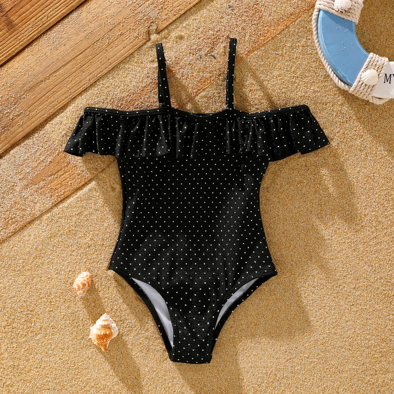 Toddler Girl Sweet Tight Solid Swimsuit with Ruffle Edge  Black big image 1