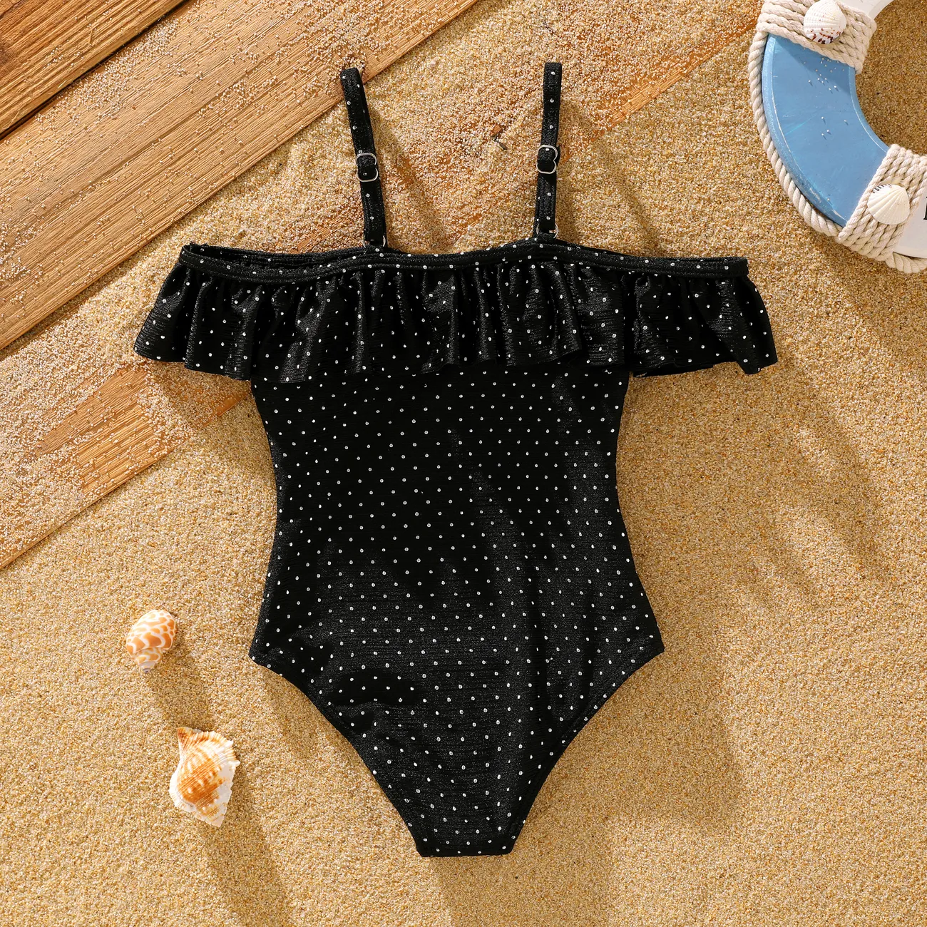 Toddler Girl Sweet Tight Solid Swimsuit with Ruffle Edge  Black big image 1