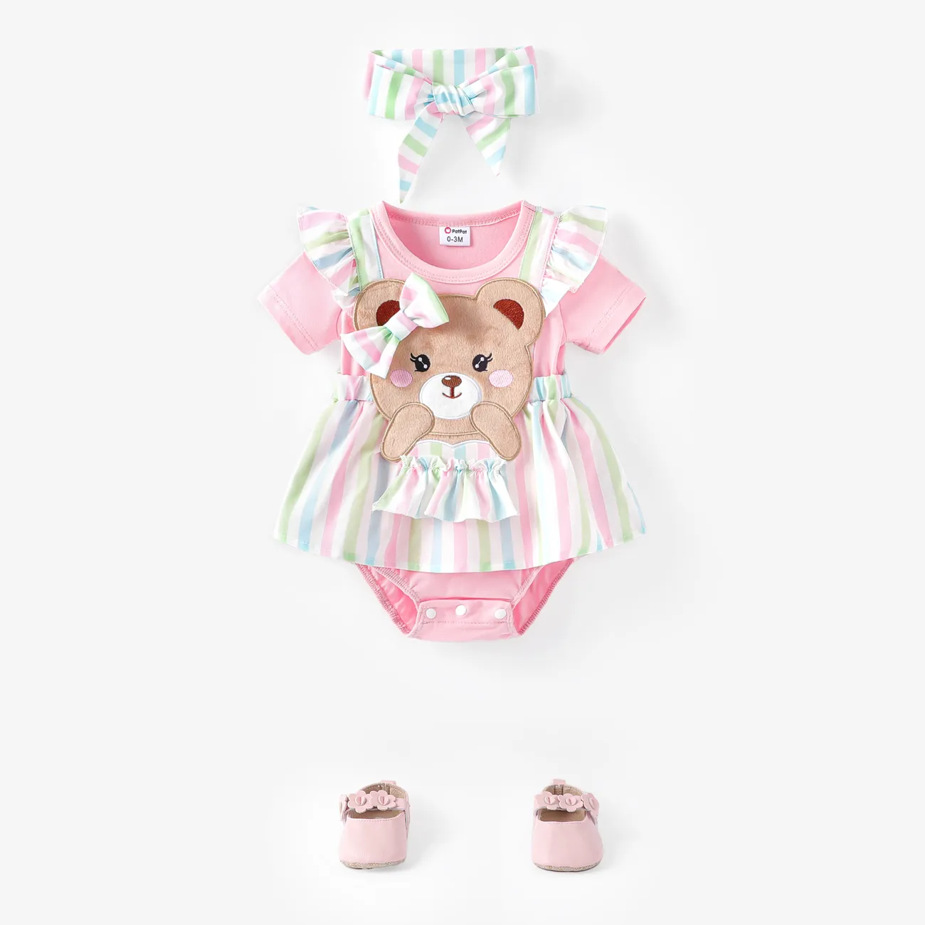 2件 嬰兒 女 喇叭袖 熊 甜美 短袖 連身衣 粉色 big image 1