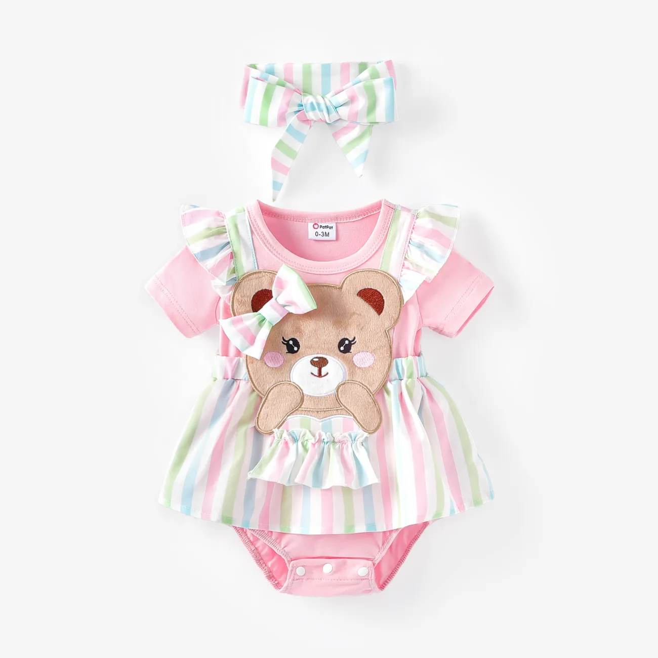 Baby Girl 2pcs 3D Bear Striped Print Romper and Headband Set Pink big image 1
