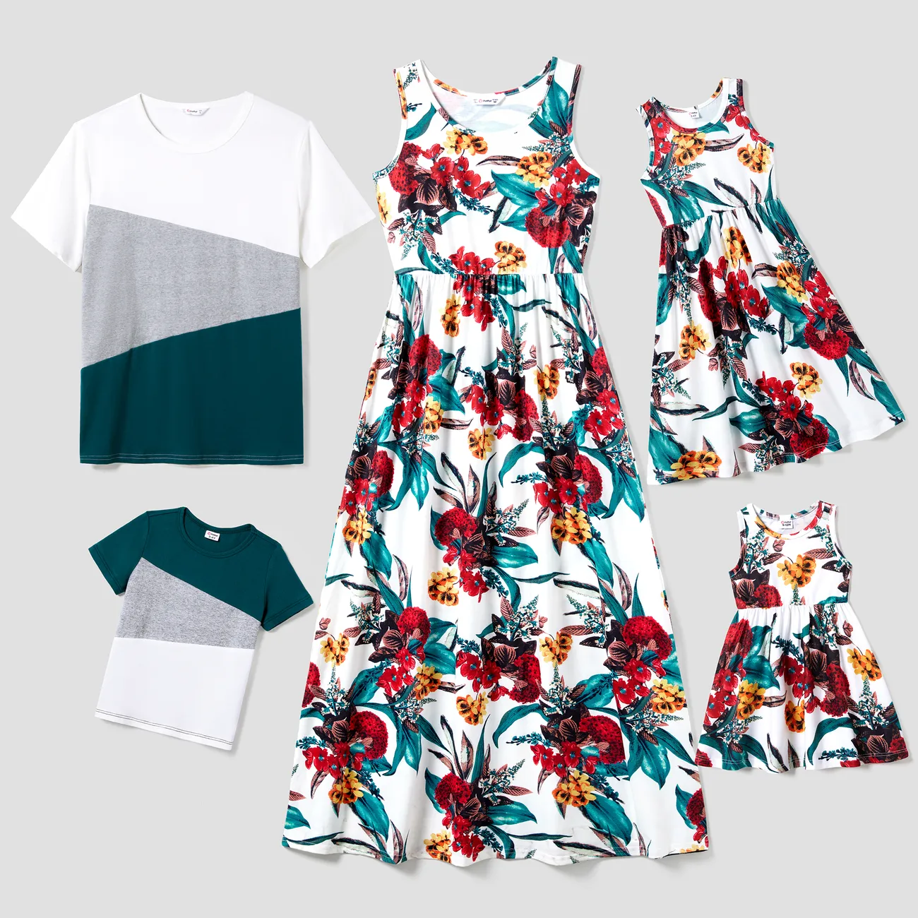 Family Matching Colorblock T-Shirt and Floral Tank Top Splicing Dress Sets White big image 1