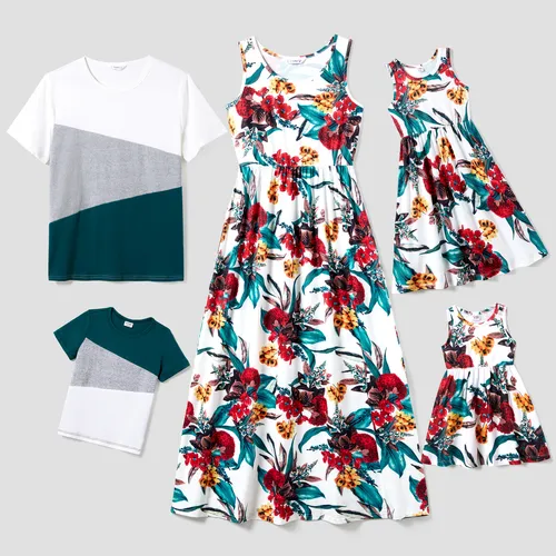 Conjuntos familiares de camiseta de bloques de color a juego y vestido de empalme de camiseta sin mangas floral