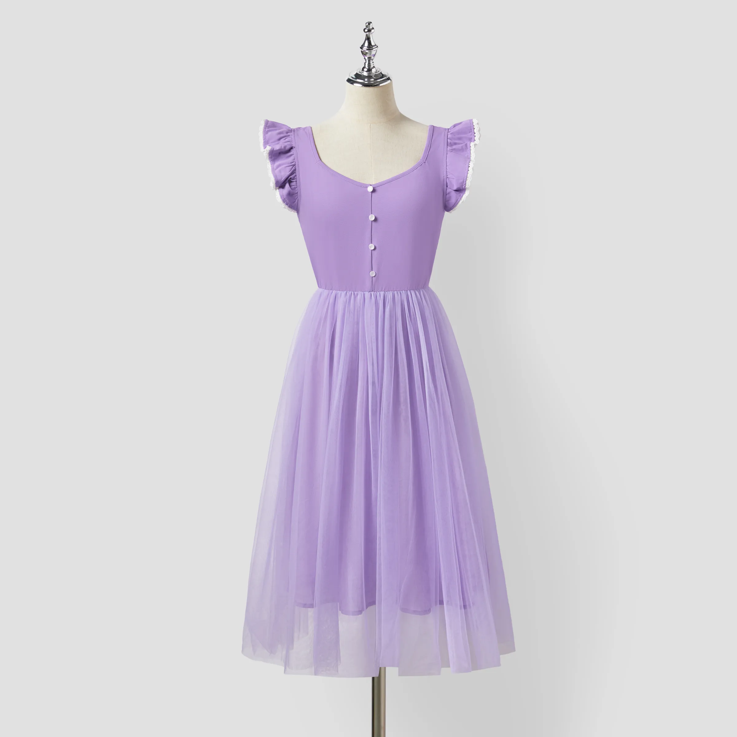 Family Matching Purple Colorblock T-shirt And Button Ruffle Sleeves Spliced Mesh Dress Sets