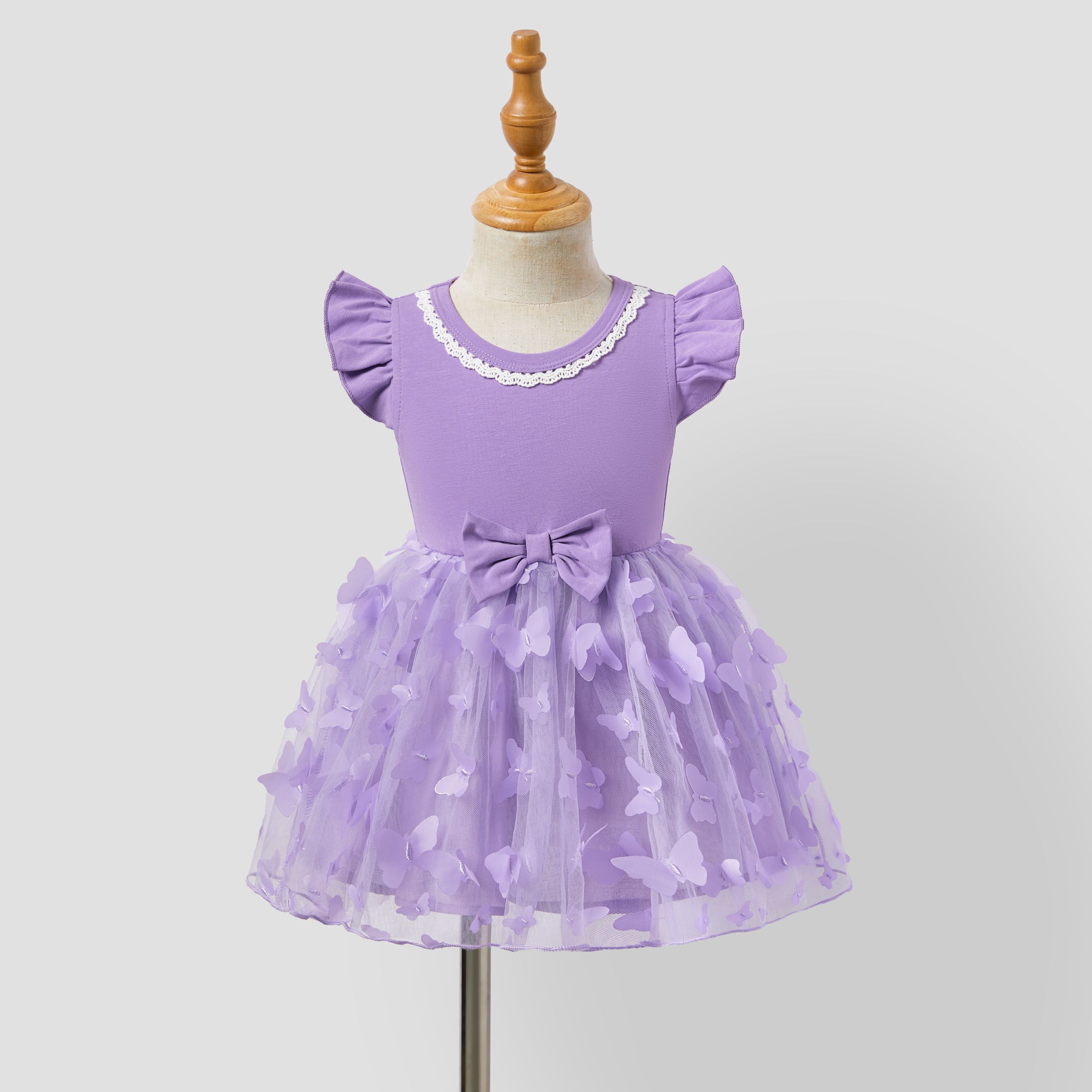 Family Matching Purple Colorblock T-shirt And Button Ruffle Sleeves Spliced Mesh Dress Sets