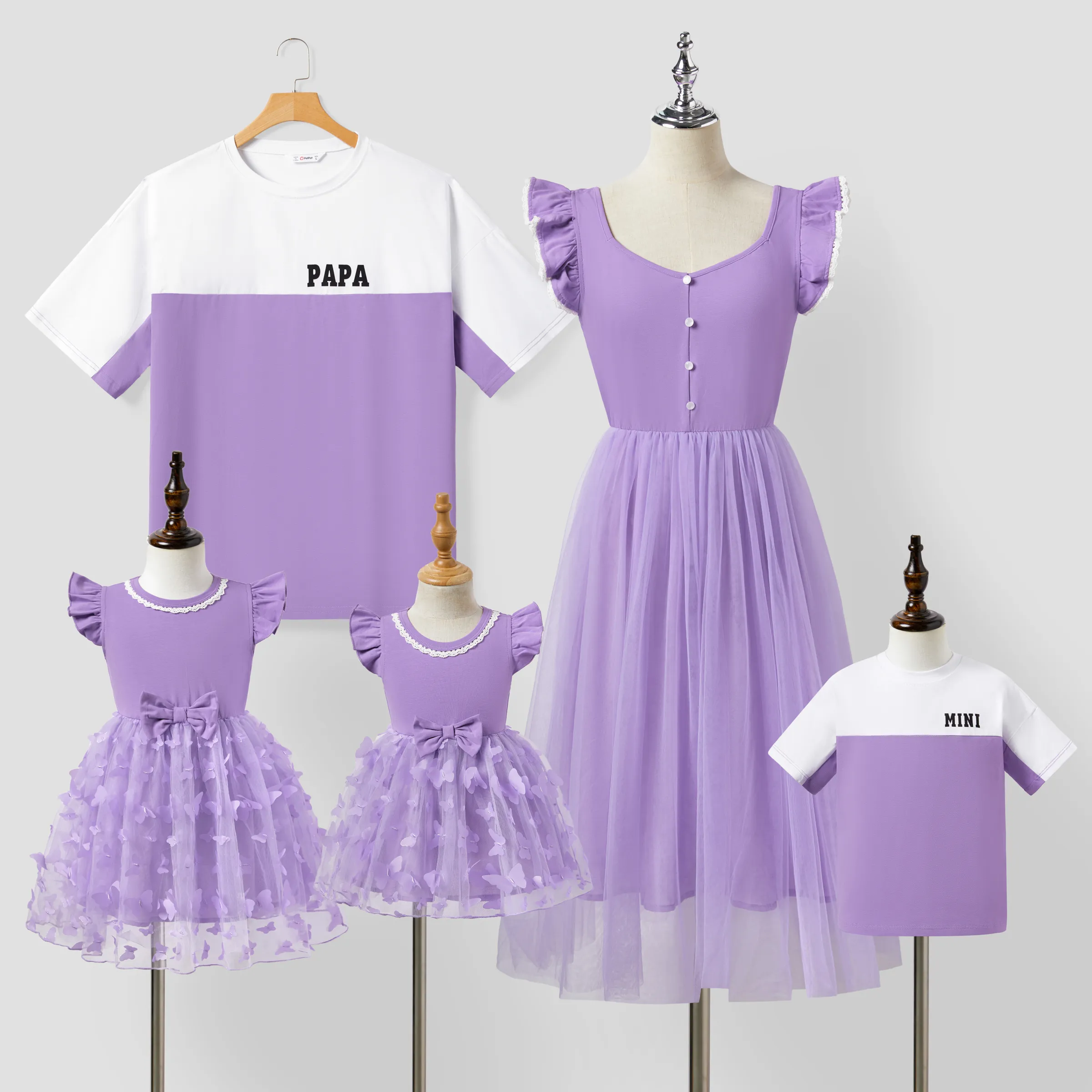 Famille Assortie Violet Colorblock T-shirt Et Bouton à Volants Manches épissé Maille Robe Ensembles