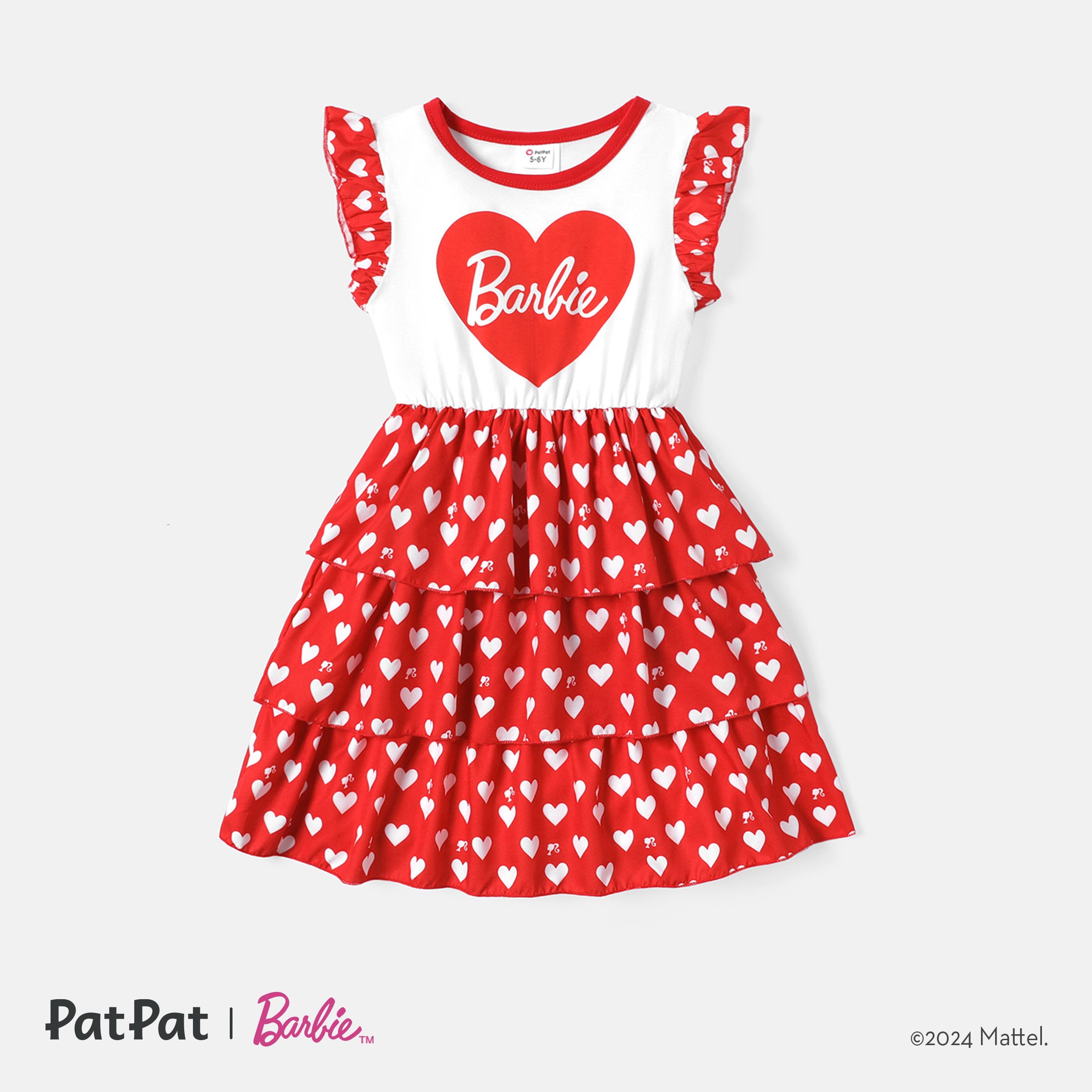 Barbie Kid Girl Mother's Day Heart Print Cotton Layered Flutter-sleeve Dress