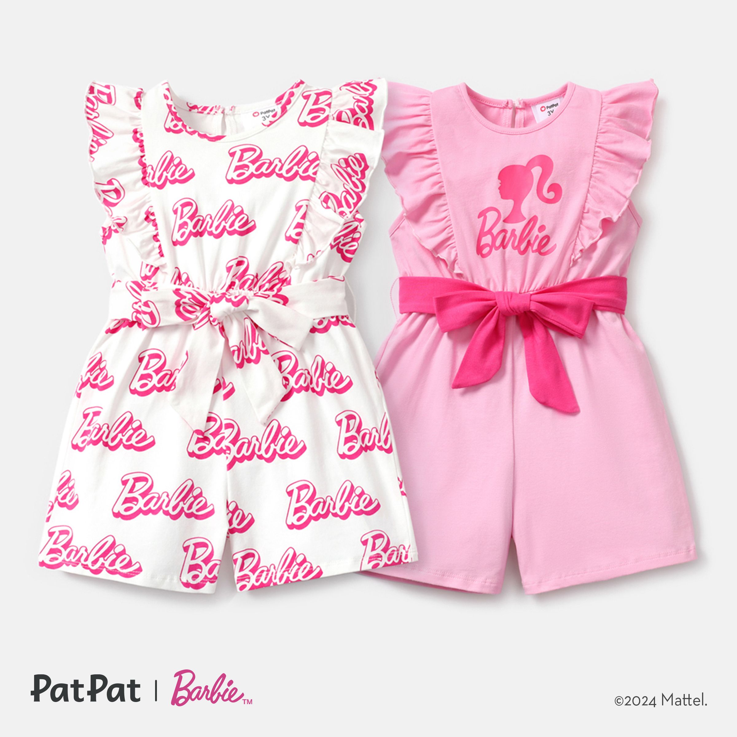 Barbie Toddler Girl Cotton Letter Print Ruffled Belted Rompers