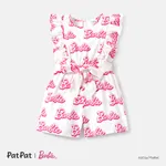 Barbie Toddler Girl Cotton Letter Print Ruffled Belted Rompers Multi-color