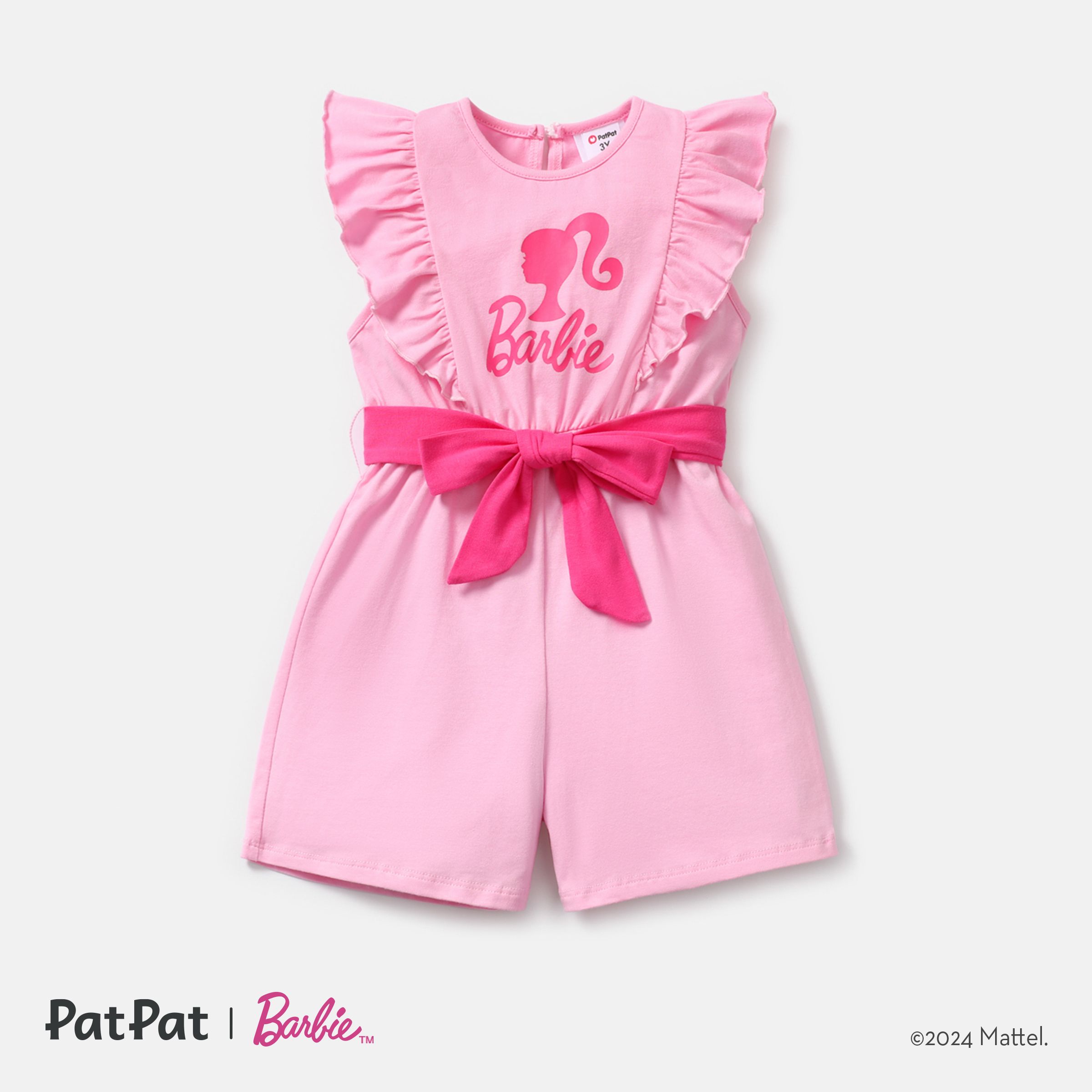 Barbie Toddler Girl Cotton Letter Print Ruffled Belted Rompers