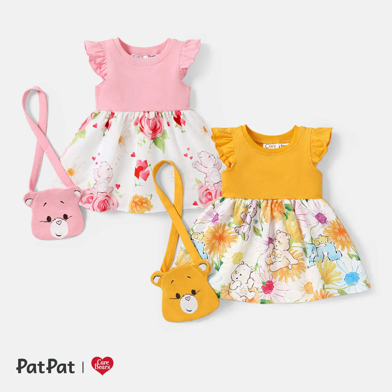 Care Bears 2pcs Baby Girl Solid & Print Spliced Flutter-sleeve Dress with Crossbody Bag Set Yellow big image 1