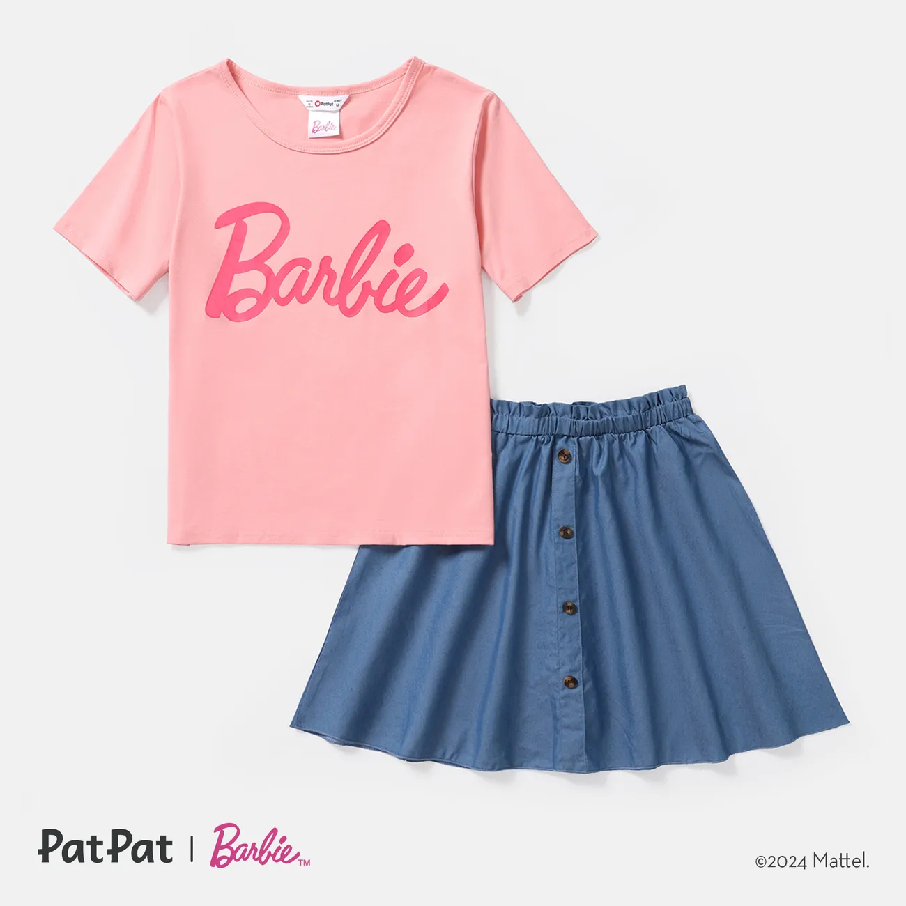 Barbie Mommy and Me Short-sleeve Letter Print Tee and Imitation Denim Skirt Sets Pink big image 1