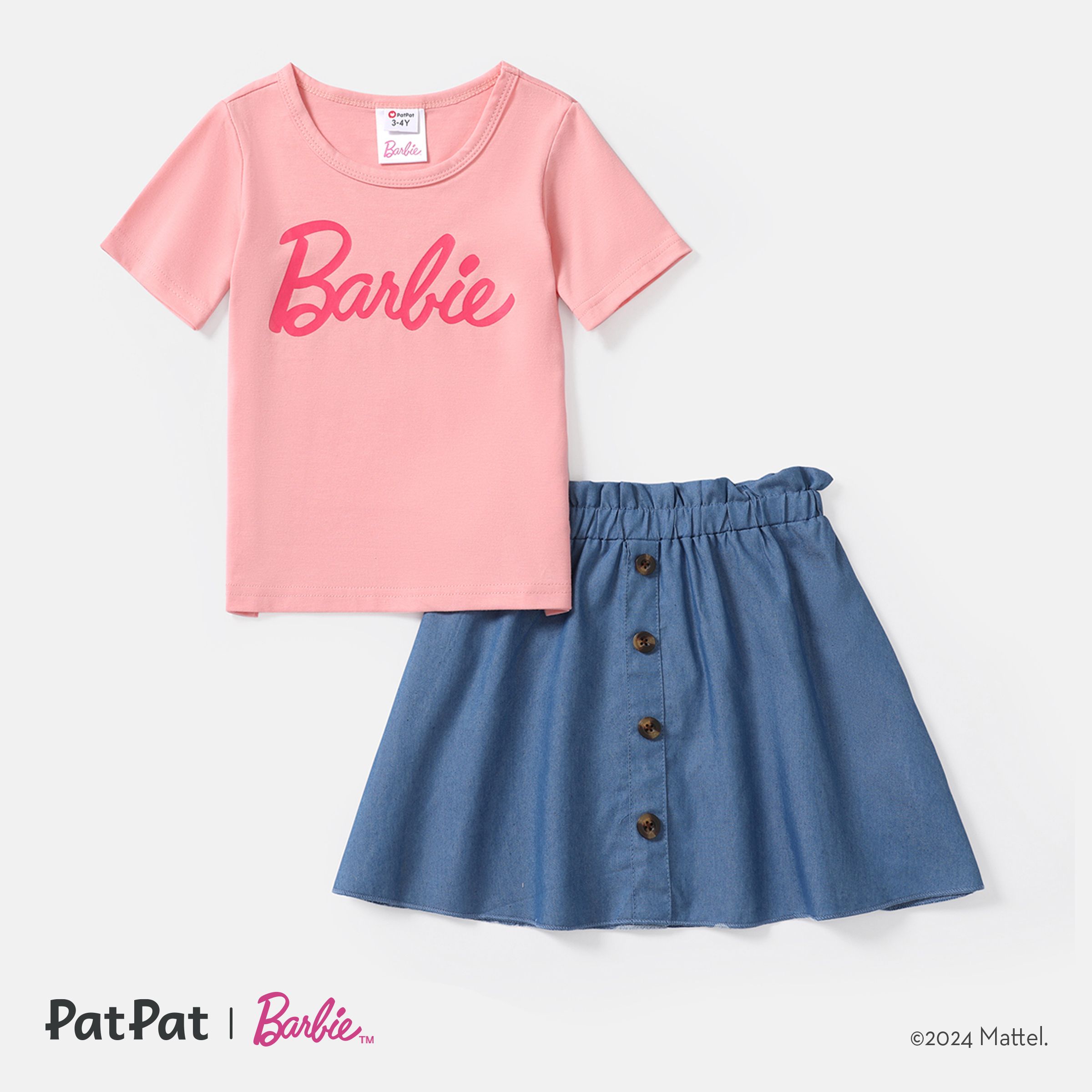 Barbie Mommy And Me Short-sleeve Letter Print Tee And Imitation Denim Skirt Sets