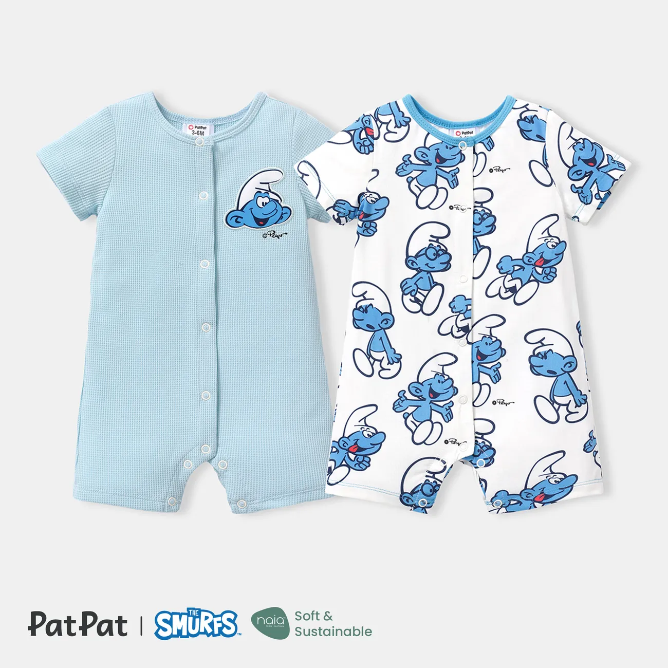 The Smurfs Baby Boy/Girl Short-sleeve Solid Waffle or Allover Print Naia™ Romper BLUEWHITE big image 1