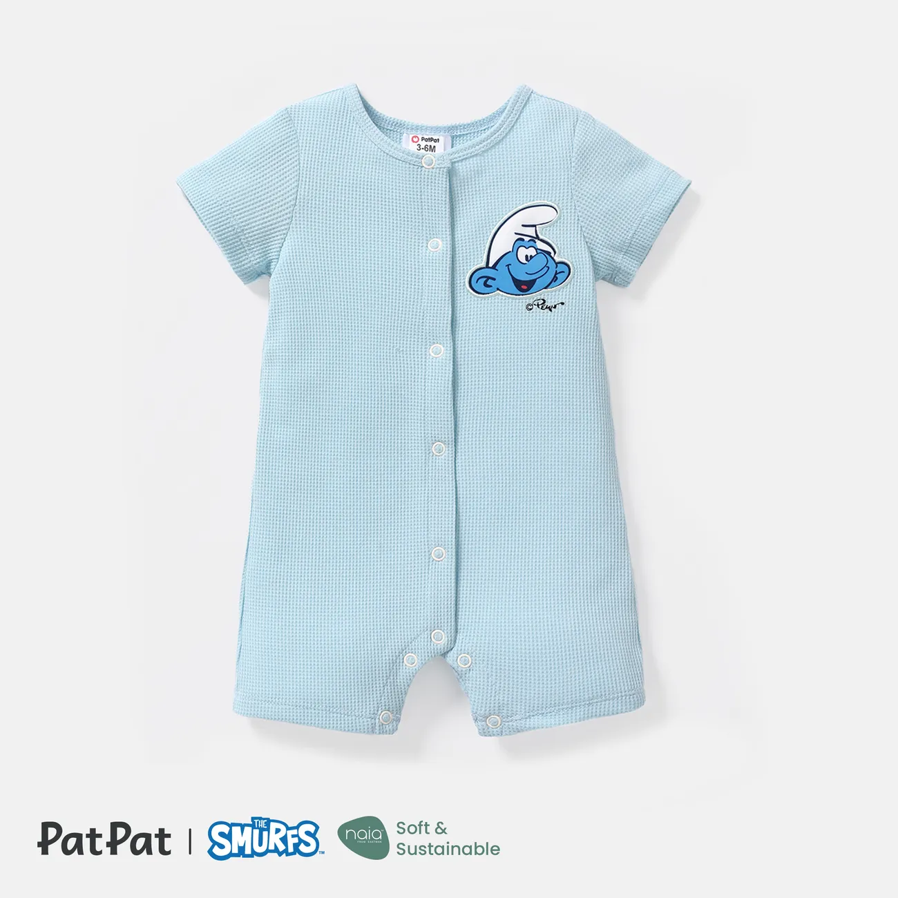The Smurfs Baby Boy/Girl Short-sleeve Solid Waffle or Allover Print Naia™ Romper Light Blue big image 1