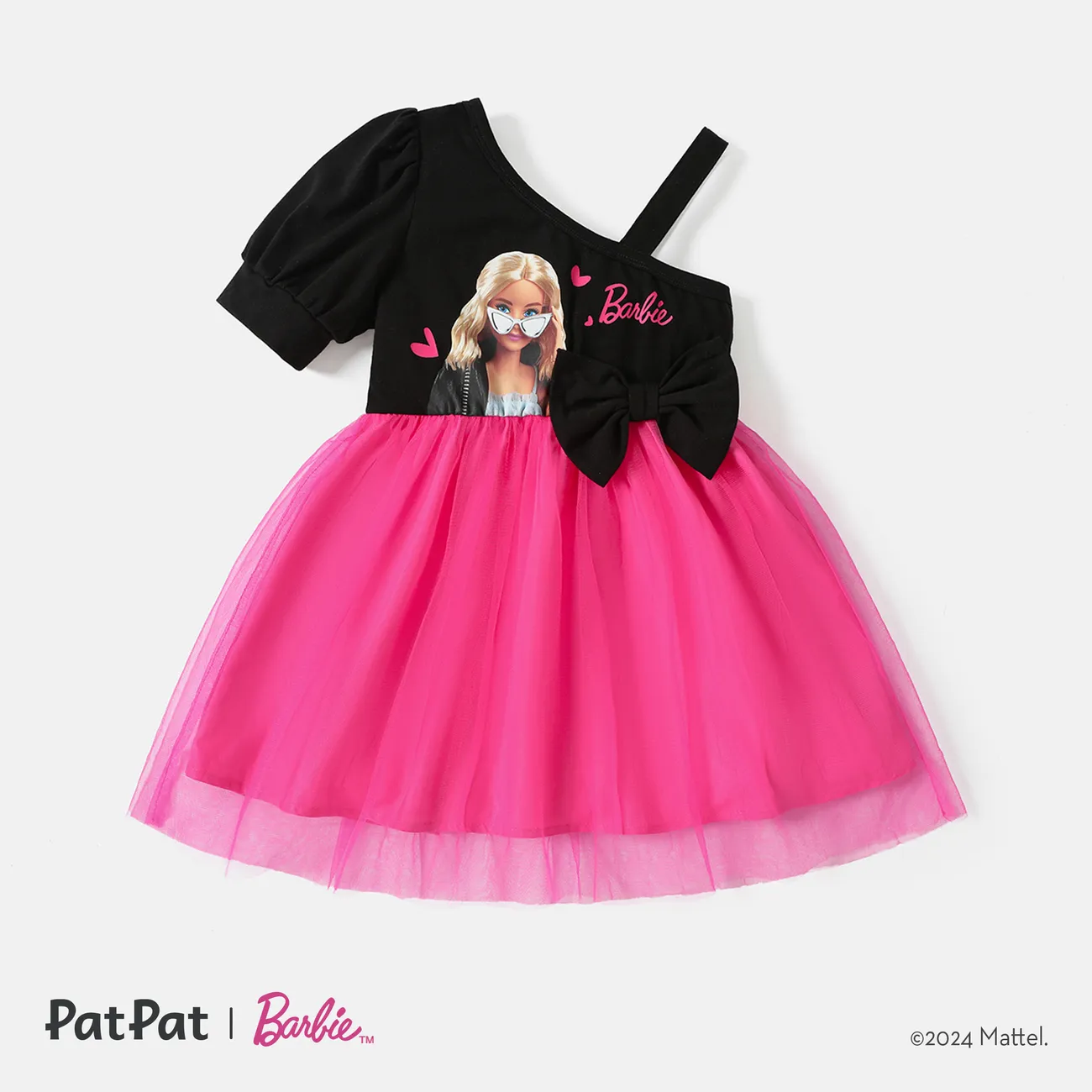 Barbie Toddler Girl Mother's Day Bowknot Design Cotton One Shoulder Mesh Splice Dress Black big image 1