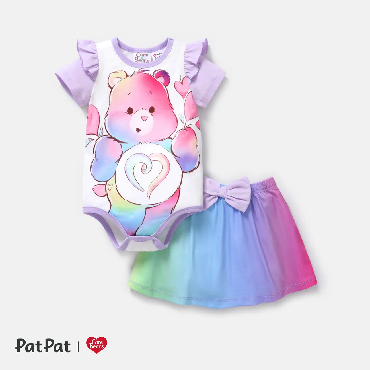 Care Bears 2pcs Baby Girl Bear Print Ruffle Short-sleeve Naia™ Romper and Rainbow Ombre Skirt Set Ombre big image 1
