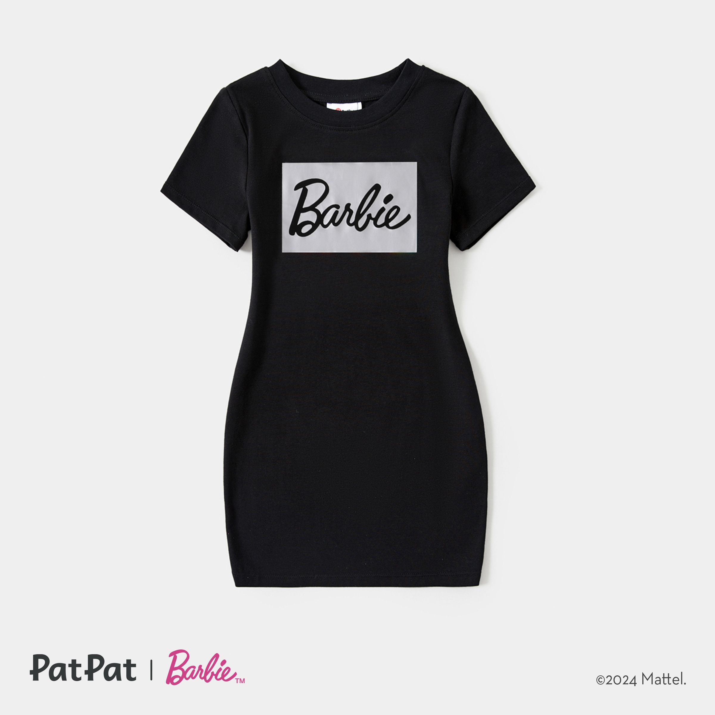 Barbie Mommy And Me Black Cotton Short-sleeve Letter Print Bodycon T-shirt Dresses