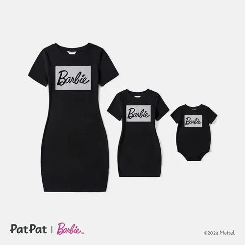 Barbie Mommy and Me Black Cotton Short-sleeve Letter Print Bodycon T-shirt Dresses