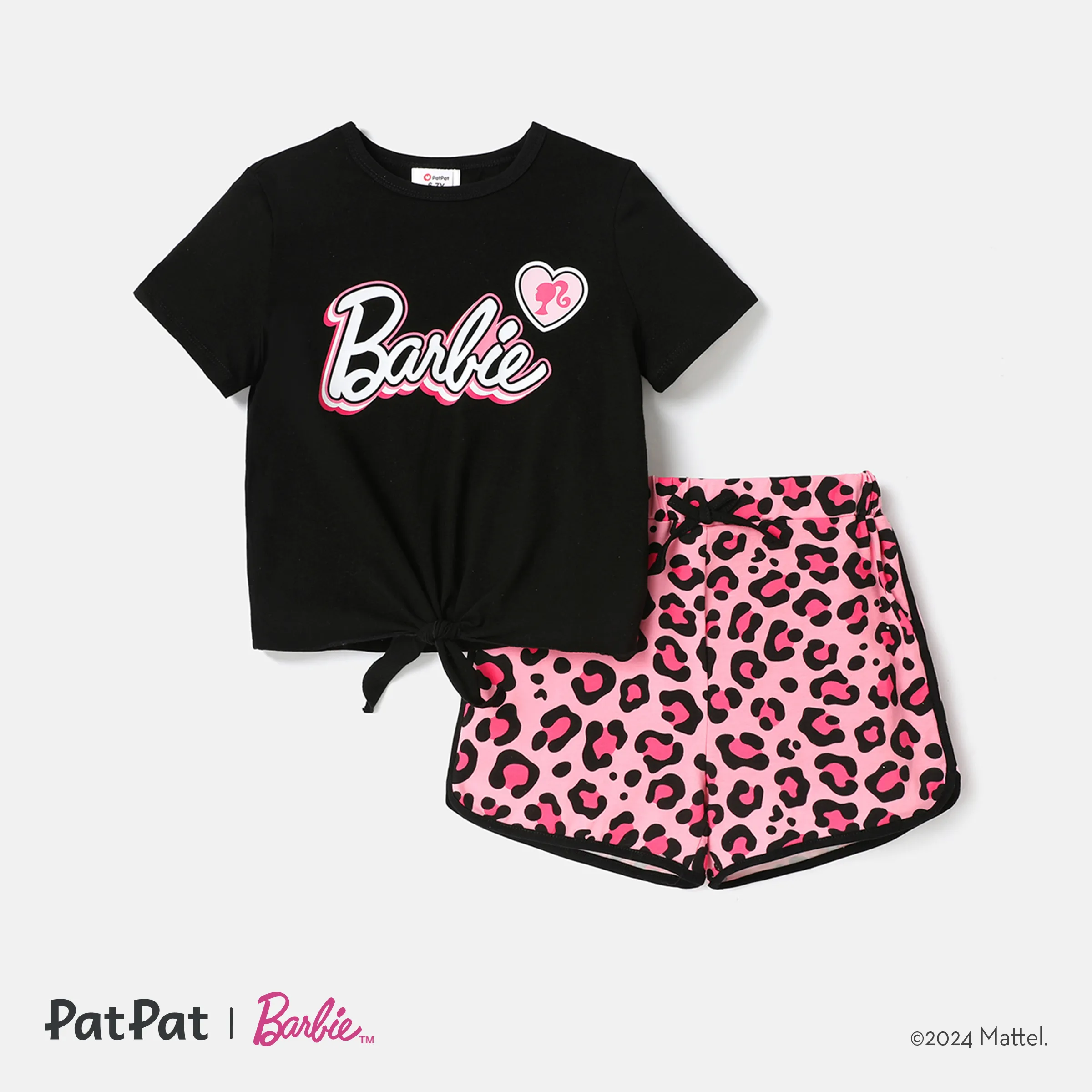 Barbie Kid Girl 2pcs Tie Knot Short-sleeve Cotton Tee And Leopard Print Shorts Set