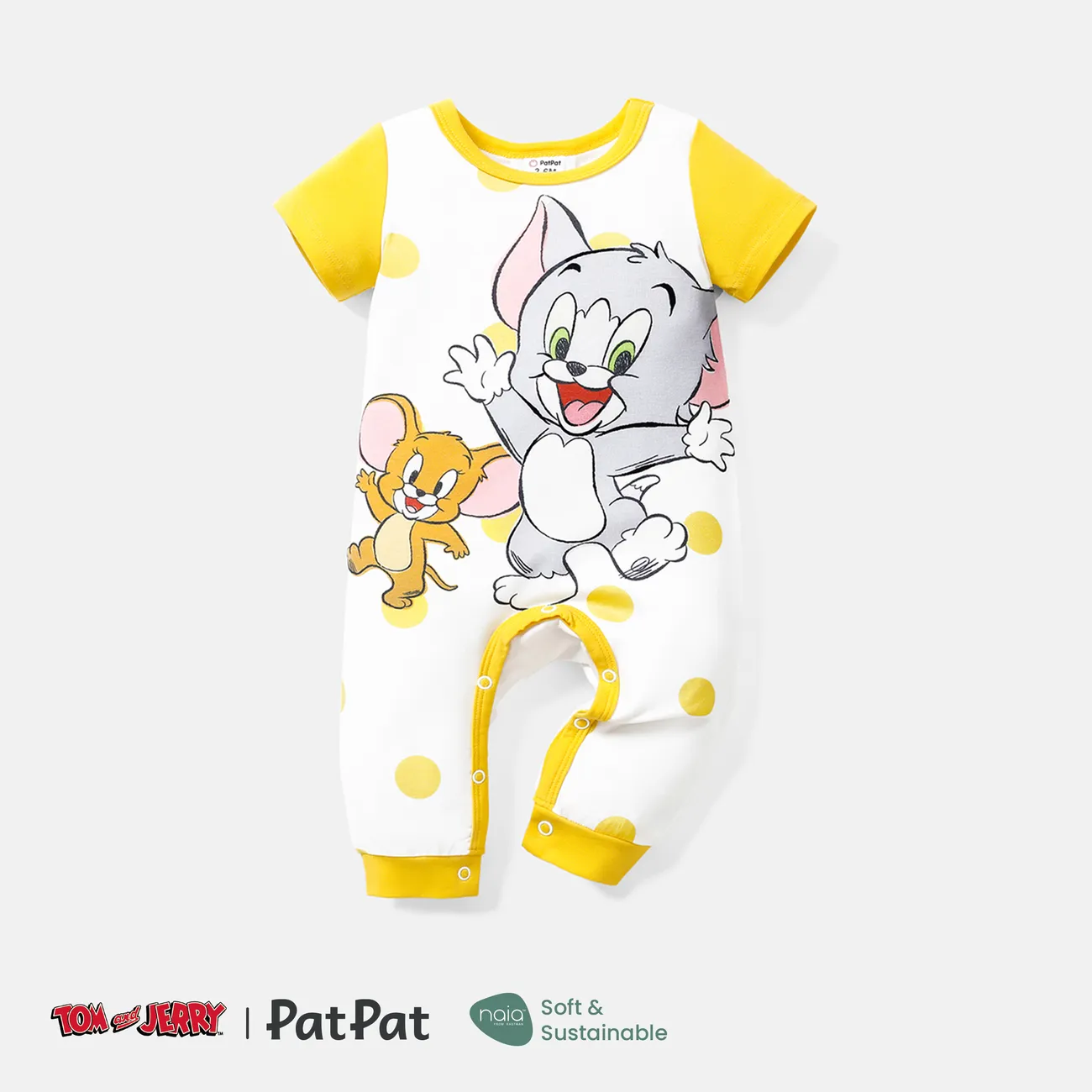 Tom and Jerry 嬰兒 男 多種動物 童趣 短袖 長腿連身衣 黃色 big image 1