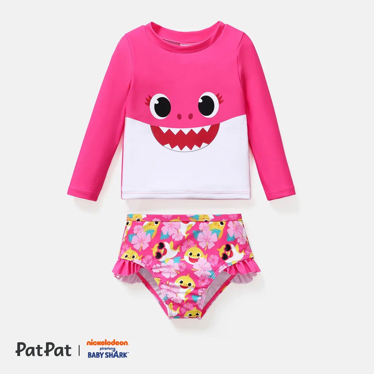 Baby shark 女童/男童 2 件套長袖上衣和短褲泳衣 深粉色 big image 1
