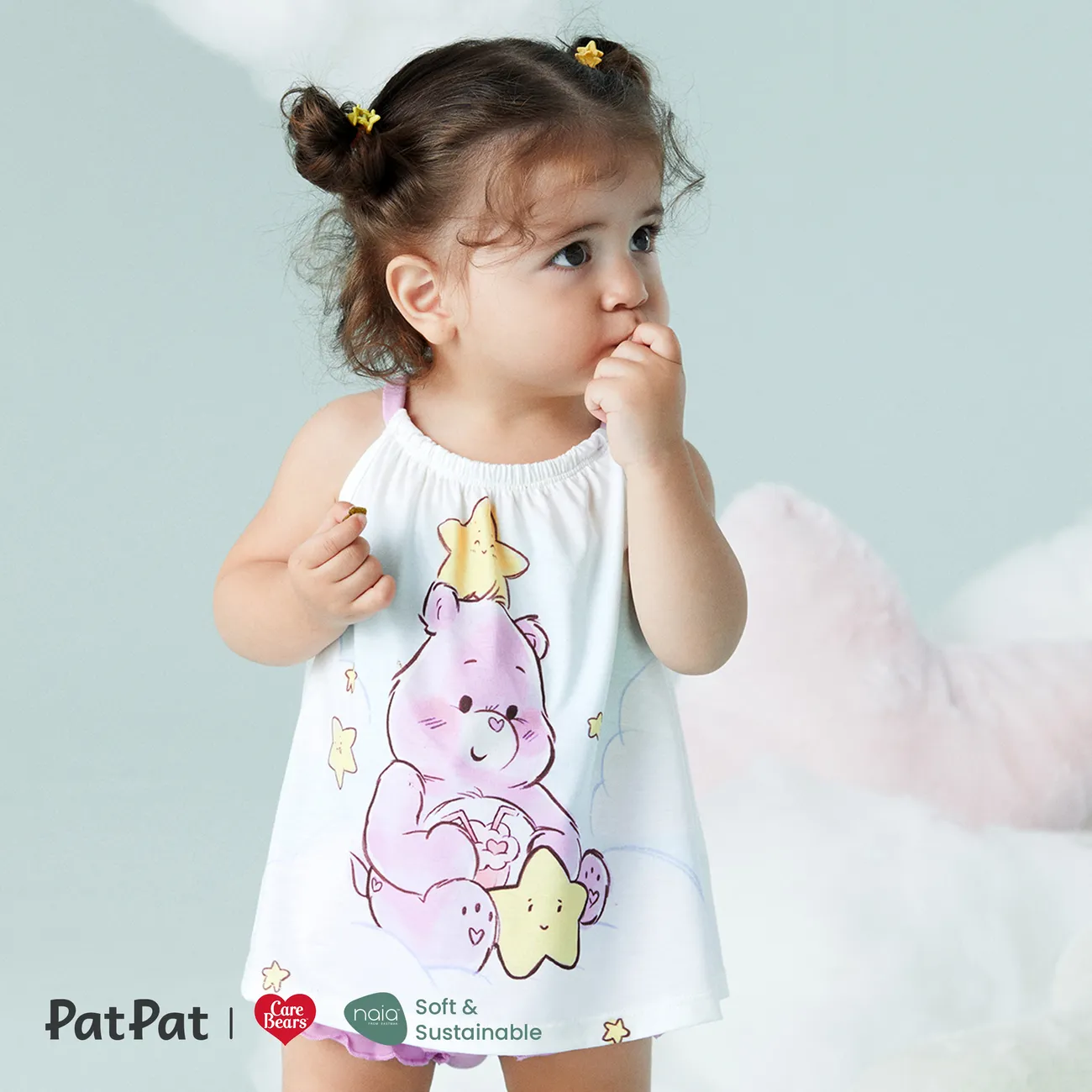 Care Bears Baby Girl 2pcs Bear Print Naia™ Cami Top and Solid Cotton Shorts Set Light Purple big image 1