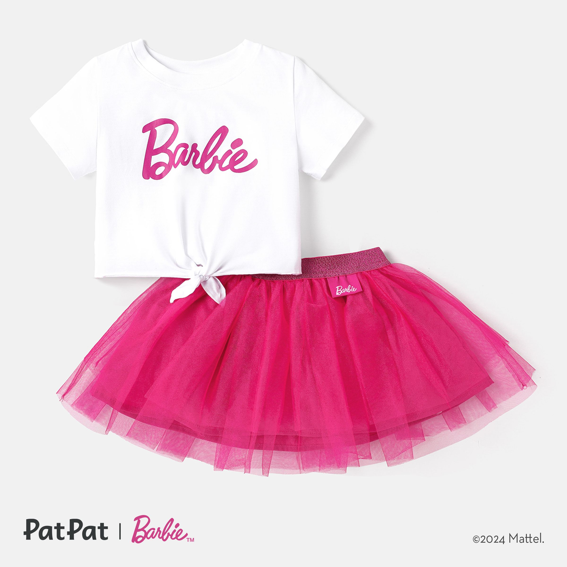 Barbie 2pcs Toddler Girl Tie Knot Cotton Tee and Mesh Skirt Set