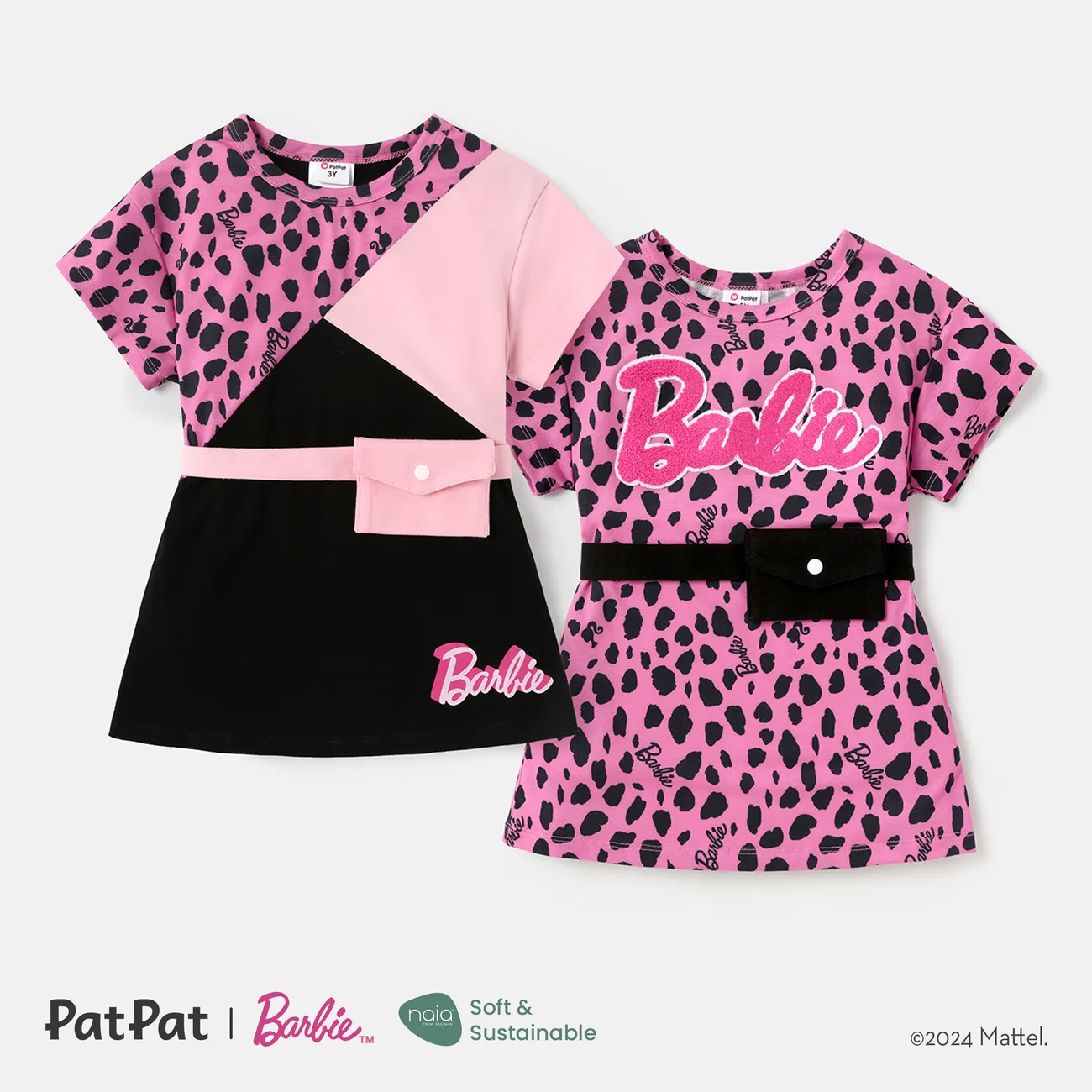 Barbie Toddler / Kid Girl Leopard / Colorblock Print Naia™ Robe à manches courtes avec Fanny Pack Rose big image 1