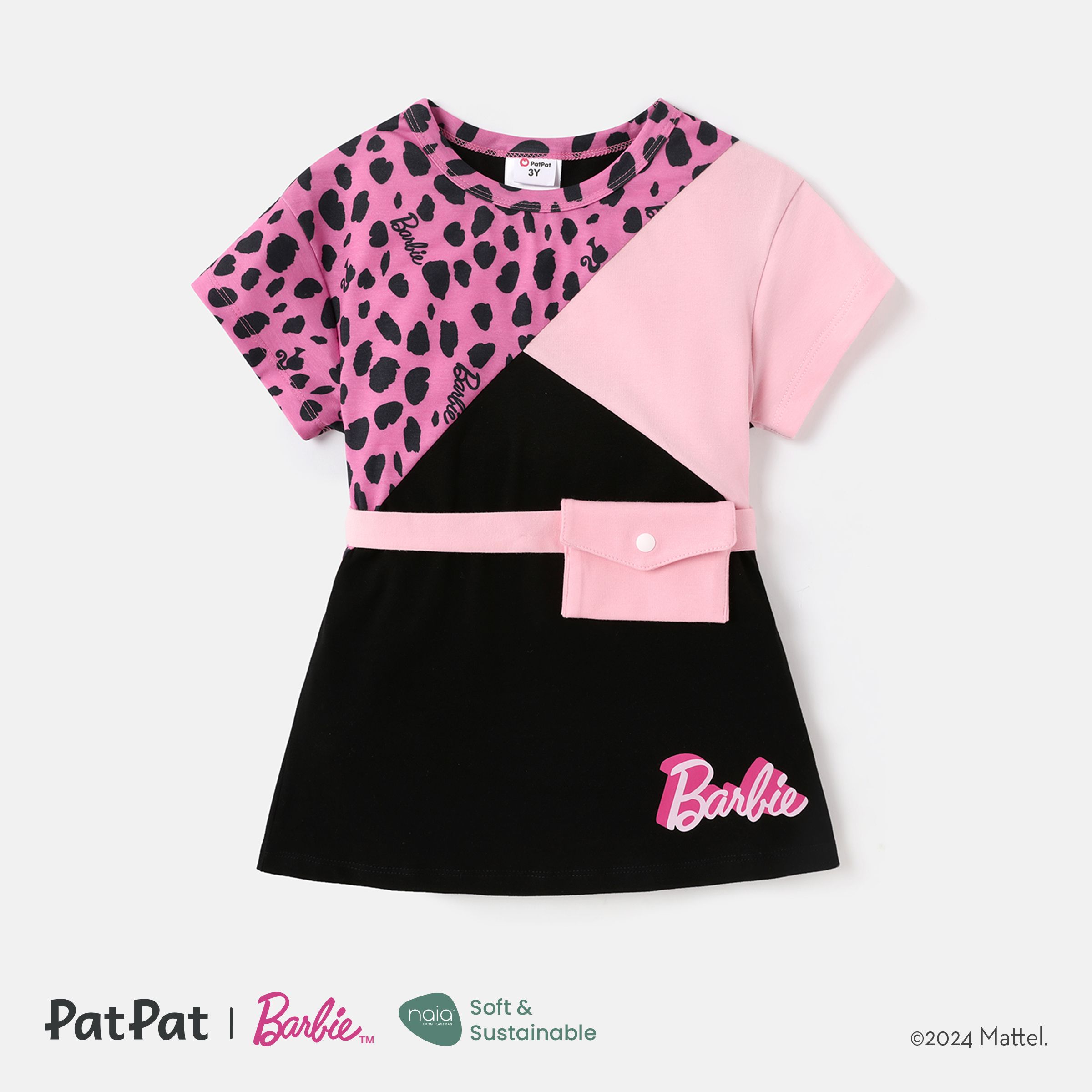 

Barbie Toddler/Kid Girl Leopard/Colorblock Print Naia™ Short-sleeve Dress with Fanny Pack