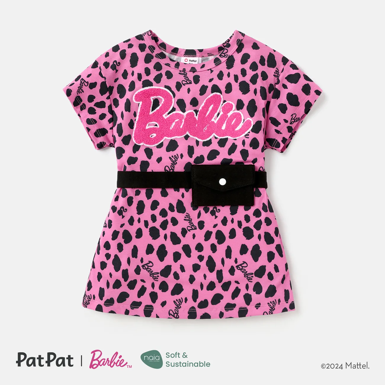 芭比幼兒/孩子女孩豹/色塊印花奈亞™短袖連衣裙與腰包 粉色 big image 1