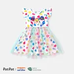 Baby Shark Toddler Girl Character Print Bow Decor/Mesh Overlay Dress Colorful