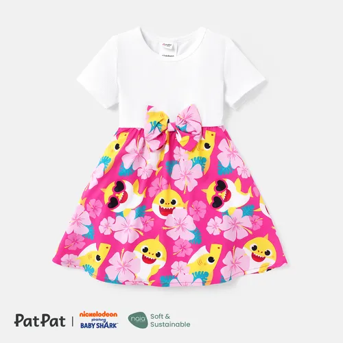 Baby Shark Toddler Girl Character Print Bow Decor/Mesh Overlay Dress
