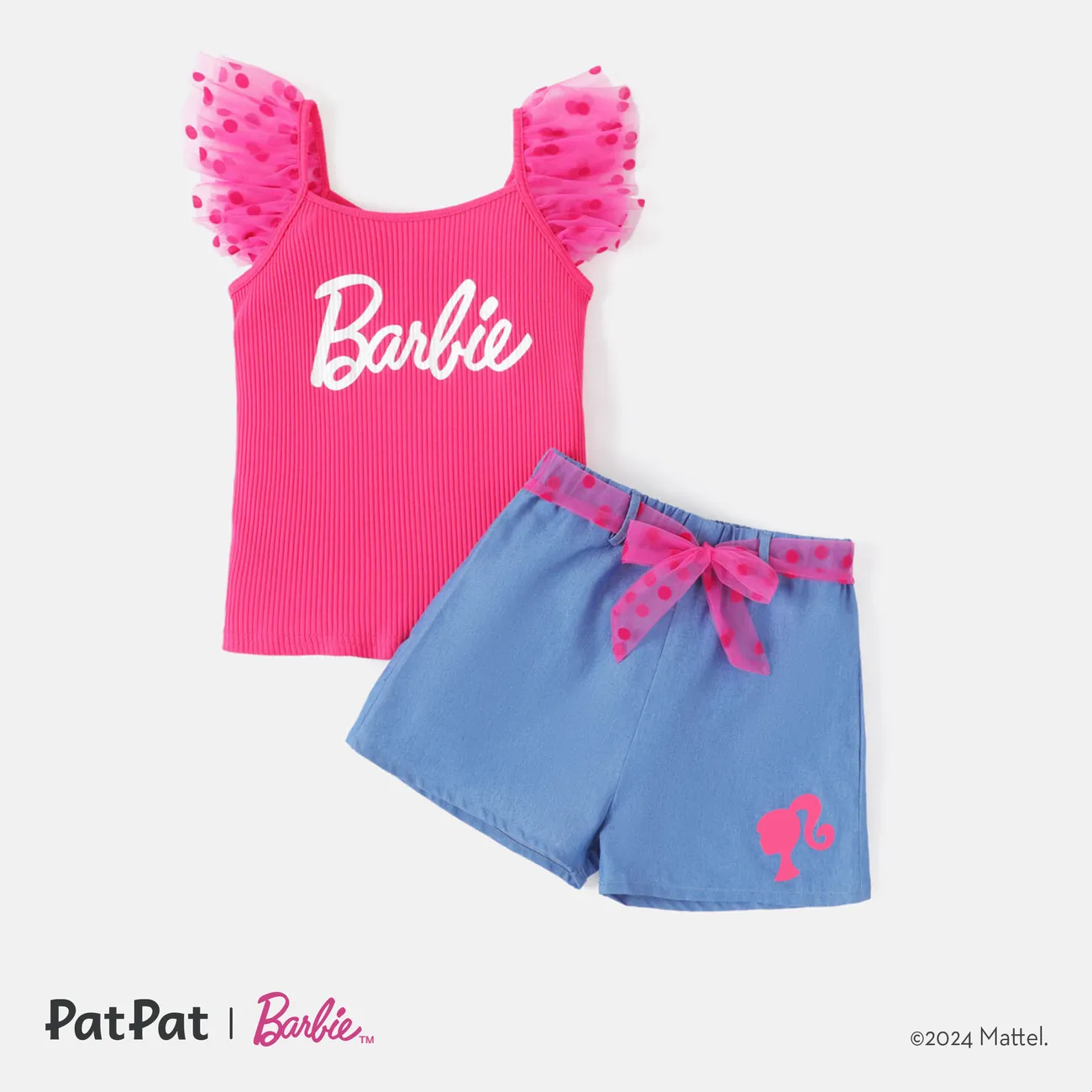 Barbie Toddler/Kid Girl 2pcs Letter Print Polka Dots Mesh Sleeve Ribbed Top and Belted Shorts Set Hot Pink big image 1