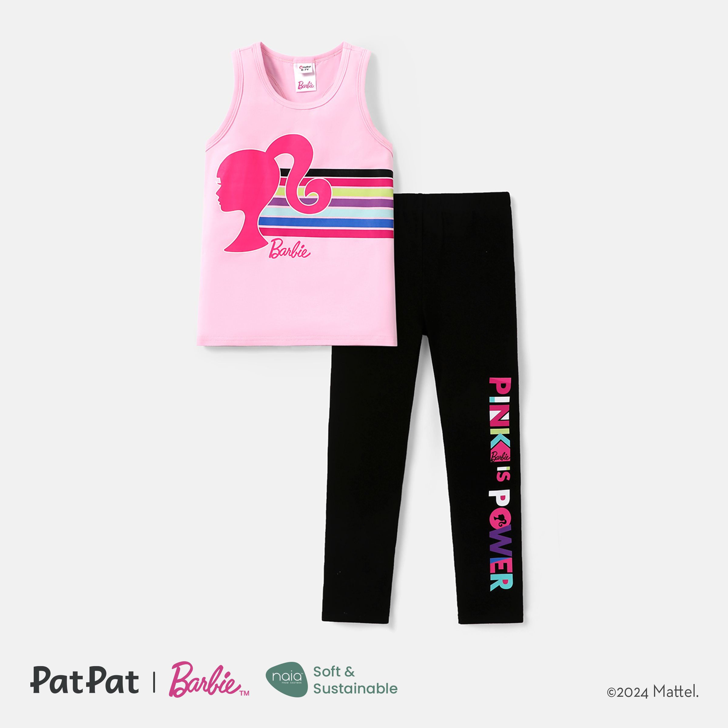 Barbie Kid Girl 2pcs Letter/Figure Striped Print Tank Top And Leggings Pants Set