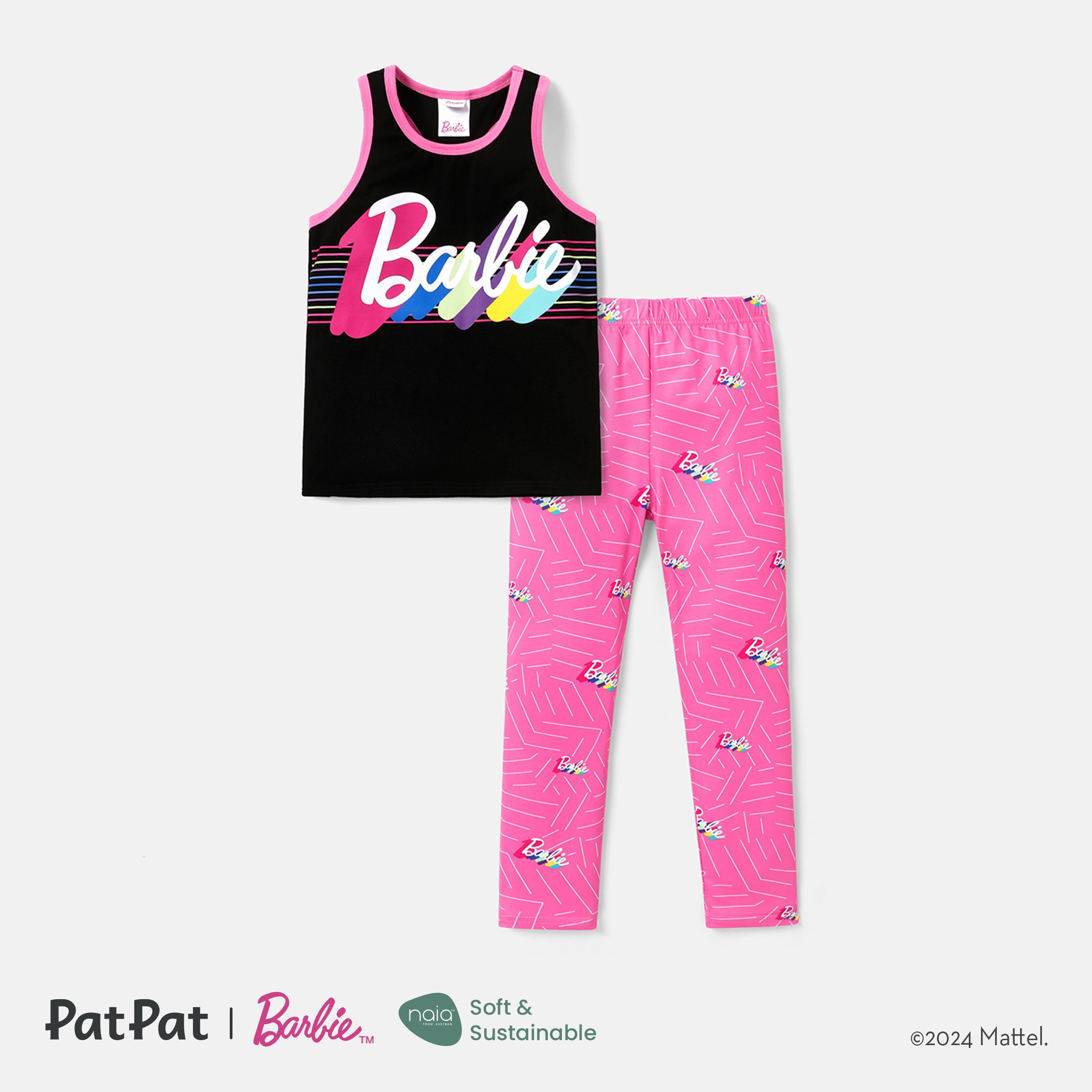 Barbie Kid Girl 2pcs Lettre / Figure Rayé Print Débardeur Débardeur Et Leggings Pants Set