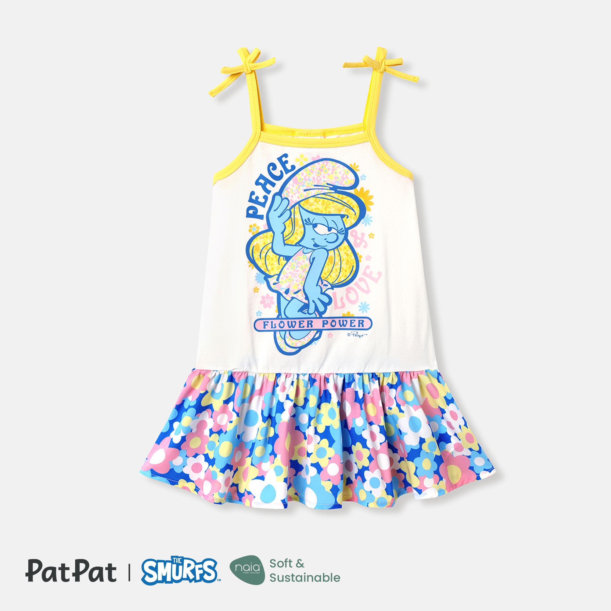 The Smurfs Family Matching Allover Floral Print Dip Hem Cami Dresses And Character Print Short-sleeve T-shirts Sets