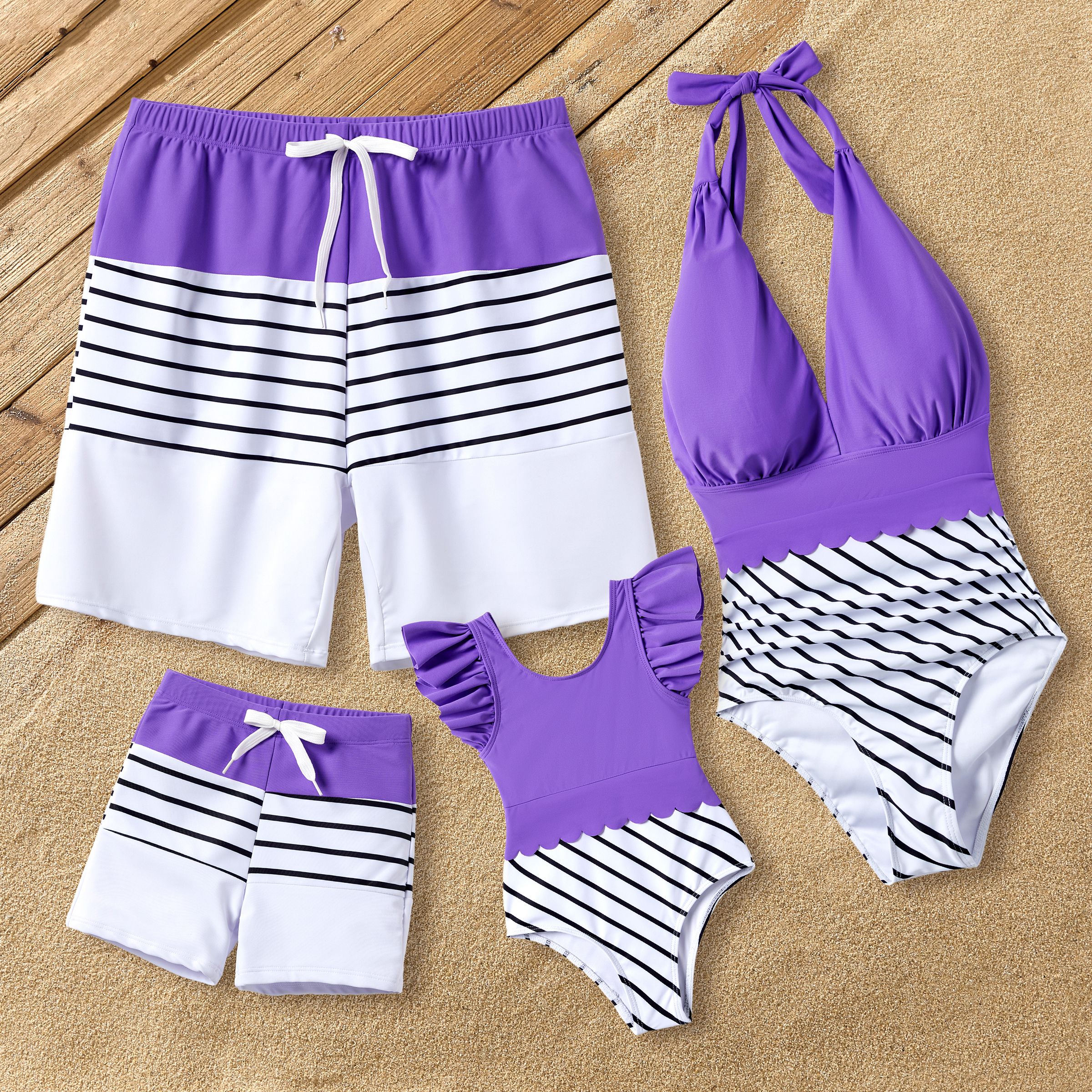 Family Matching Colorblock Stripe Swim Trunks or Purple Tie Halter Scallop Trim Swimsuit