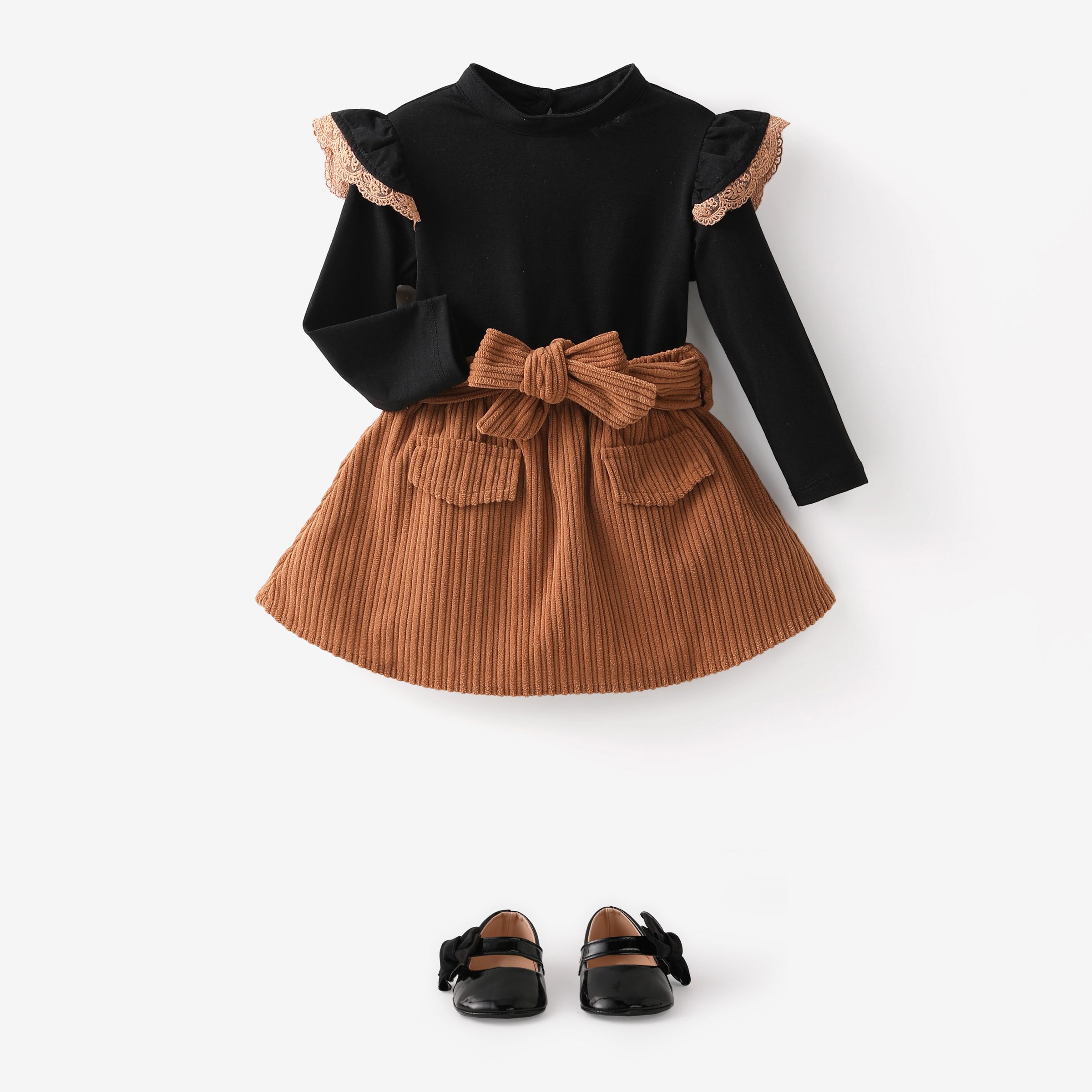 2PCS Baby Girl Solid Color Long Sleeve Lace Top/Belt Dress Set