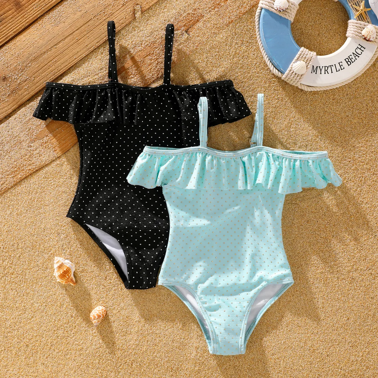 Toddler Girl Sweet Tight Solid Swimsuit with Ruffle Edge  Turquoise big image 1