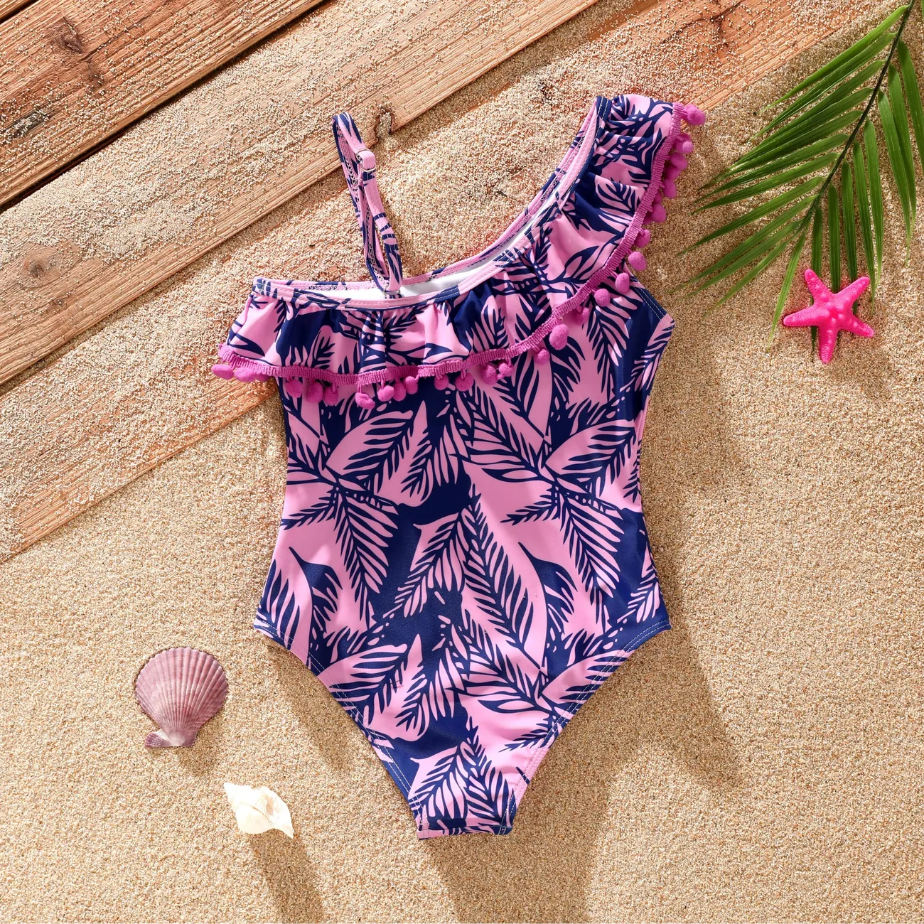 Kid Girl Sweet Style Tropical Floral One-Piece Swimsuit Pink big image 1