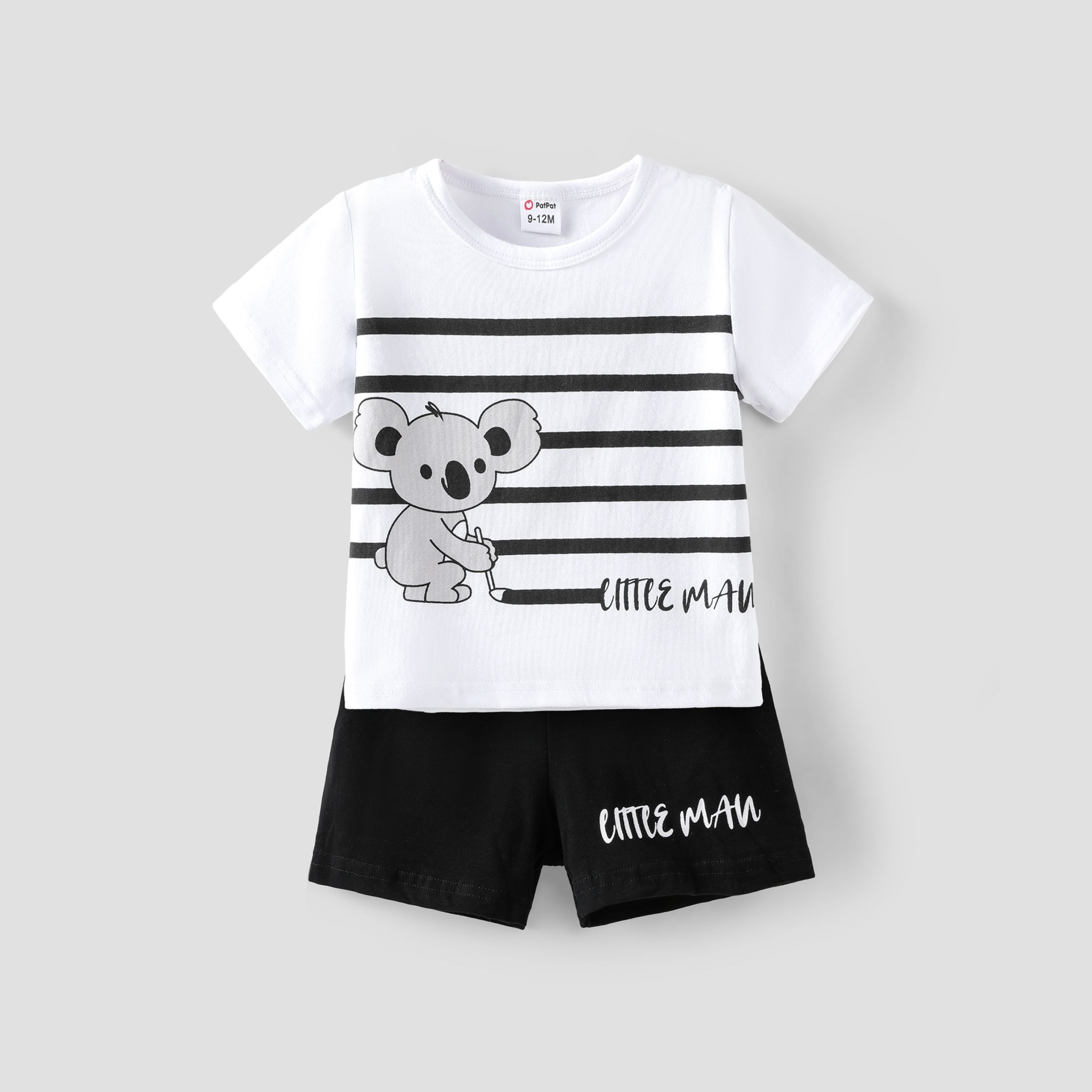 2pcs Baby Boy 95% Coton Bear & Stripe Print Tee à Manches Courtes Et Letter Print Shorts Set