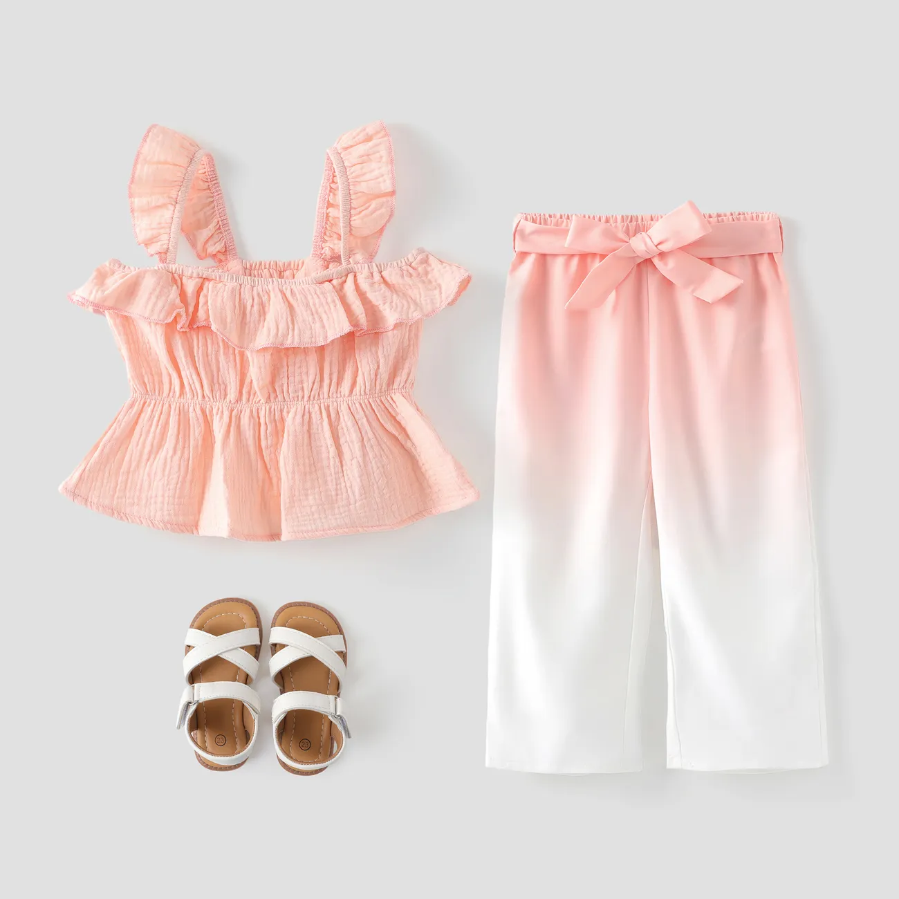 2pcs Toddler Girl Ruffled Crepe Camisole and Belted Gradient Color Pants Set Pink big image 1