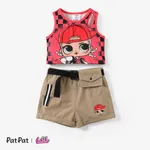L.O.L. 驚喜！Kid Girl 兒童和女孩圖案印花短款空心背心上衣搭配時尚腰包工裝短褲套裝 紅色